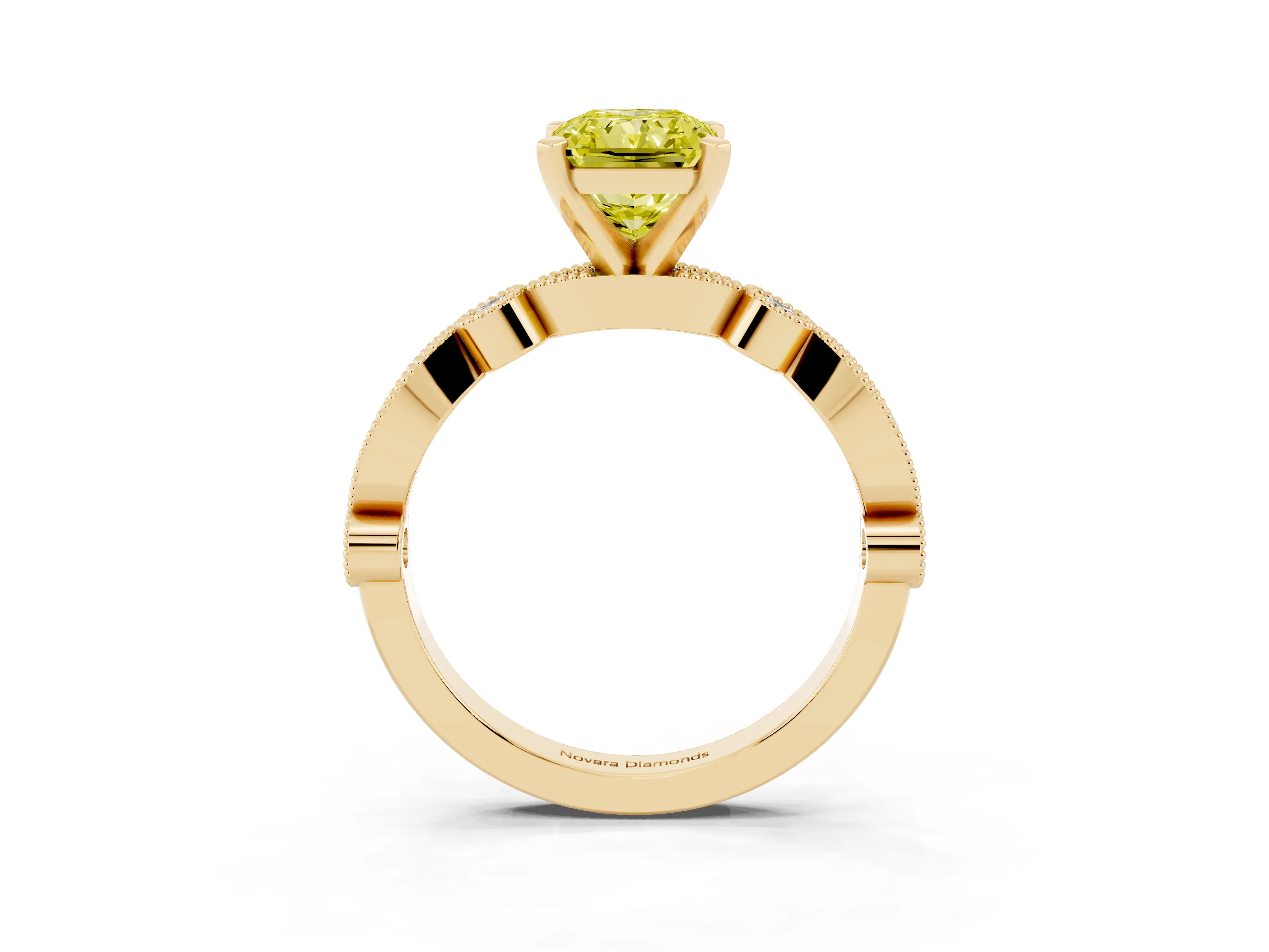 Fancy Yellow Radiant Cut Diamond Solitaire Engagement Ring Set in Yellow gold with Milgrain Bezel Accent Band