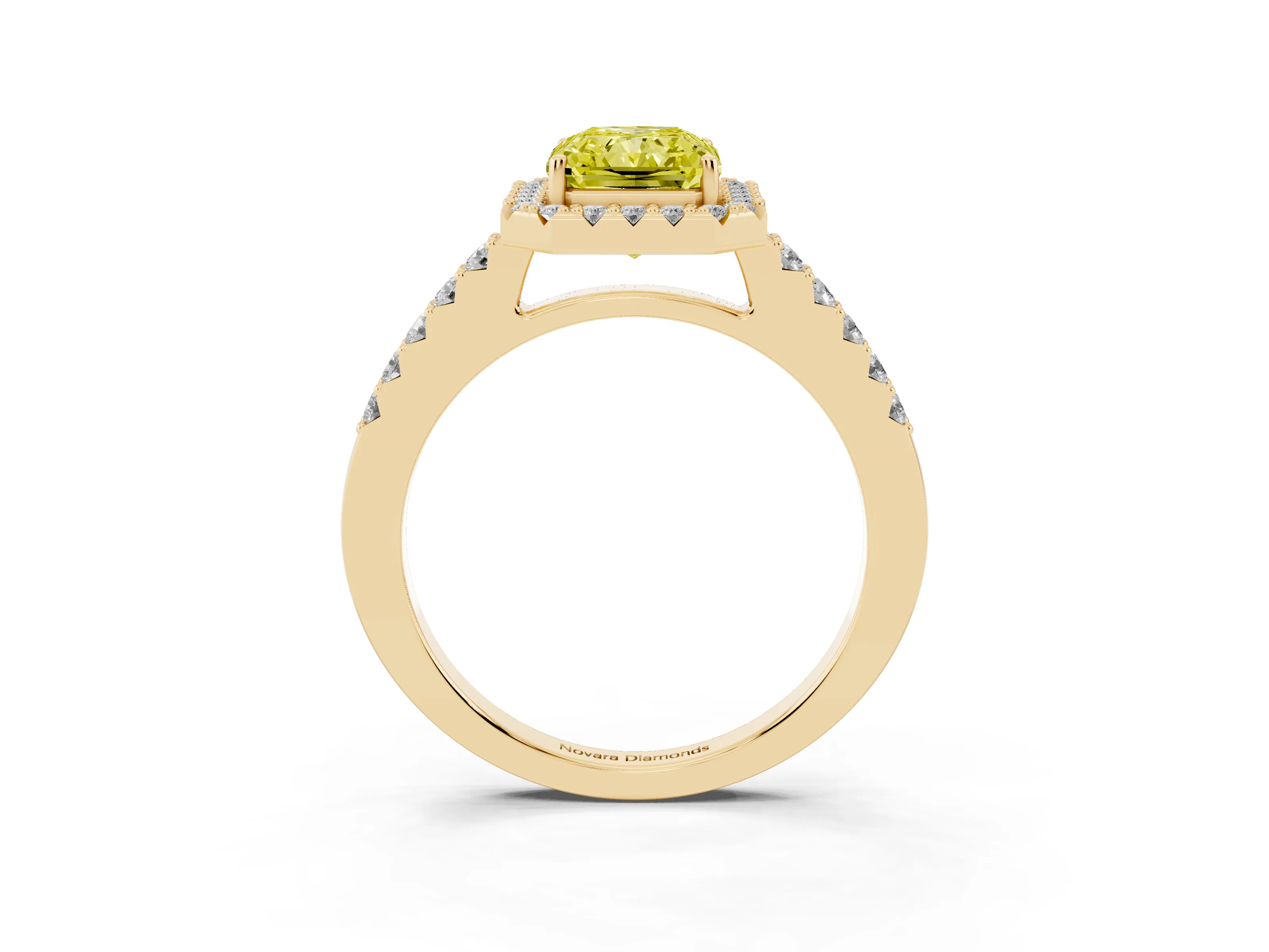 Fancy Yellow Radiant Cut Diamond Halo Pavé Solitaire Ring Set in Yellow gold with Prong-Set Center Stone