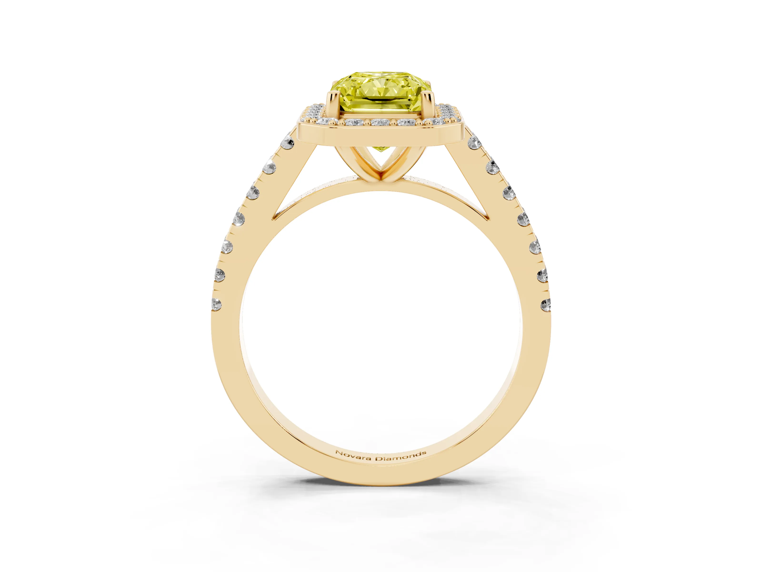 Fancy Yellow Radiant Cut Diamond Halo Ring Set in Yellow gold with Round Pavé Split Shank and Prong Setting