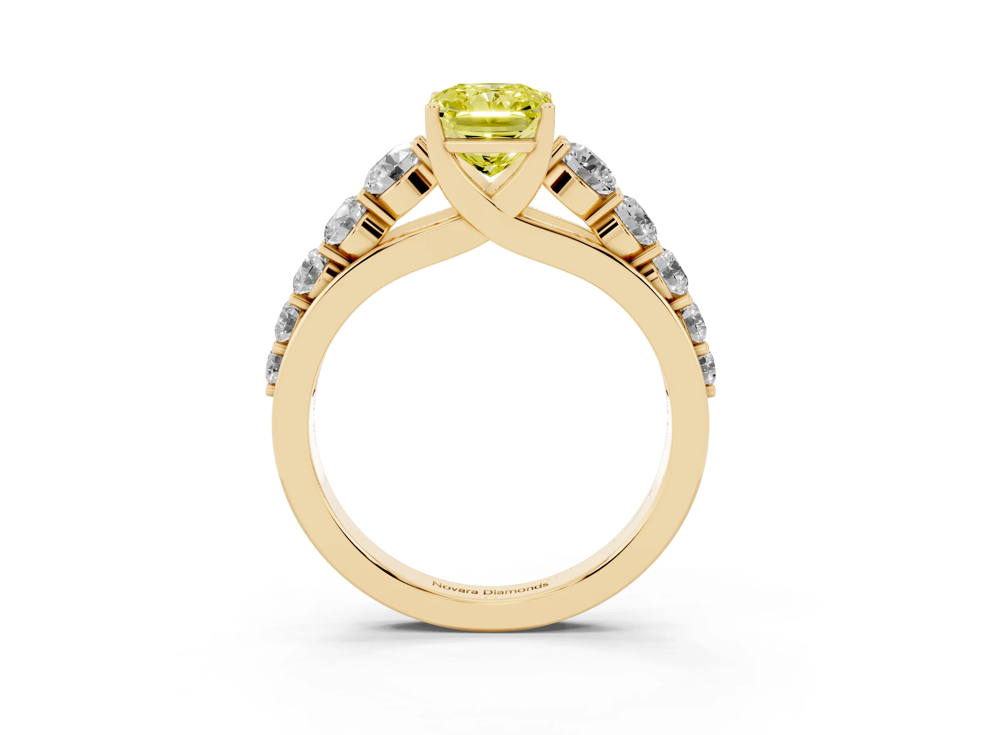 Fancy Yellow Radiant Cut Diamond Solitaire Ring Set in Yellow gold with Pavé-Set Band and Prong Setting