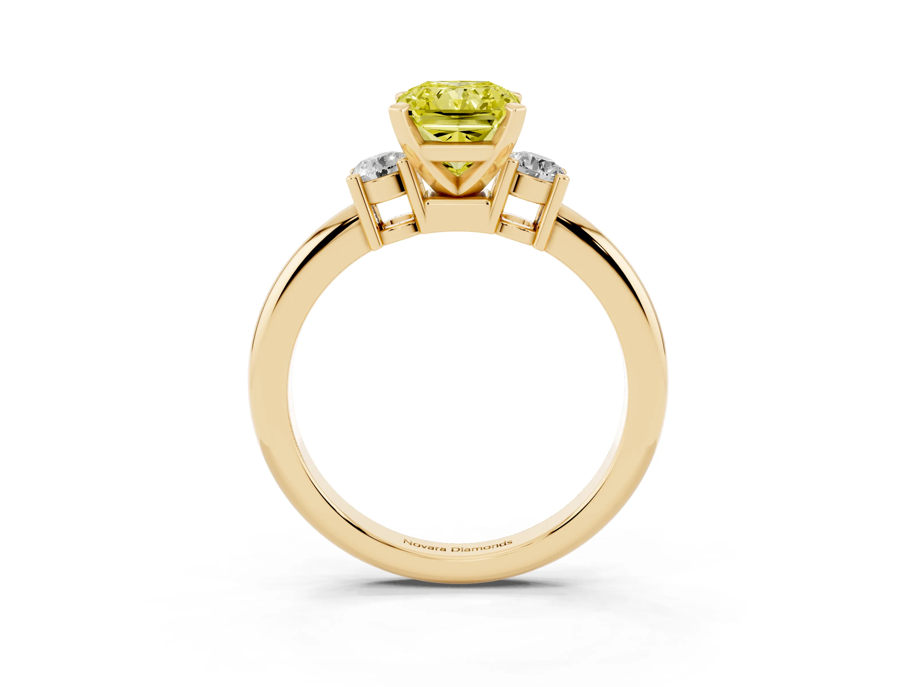 Fancy Yellow Three-Stone Radiant Cut Diamond Ring Set in Yellow gold with Prong Setting and Plain Band
