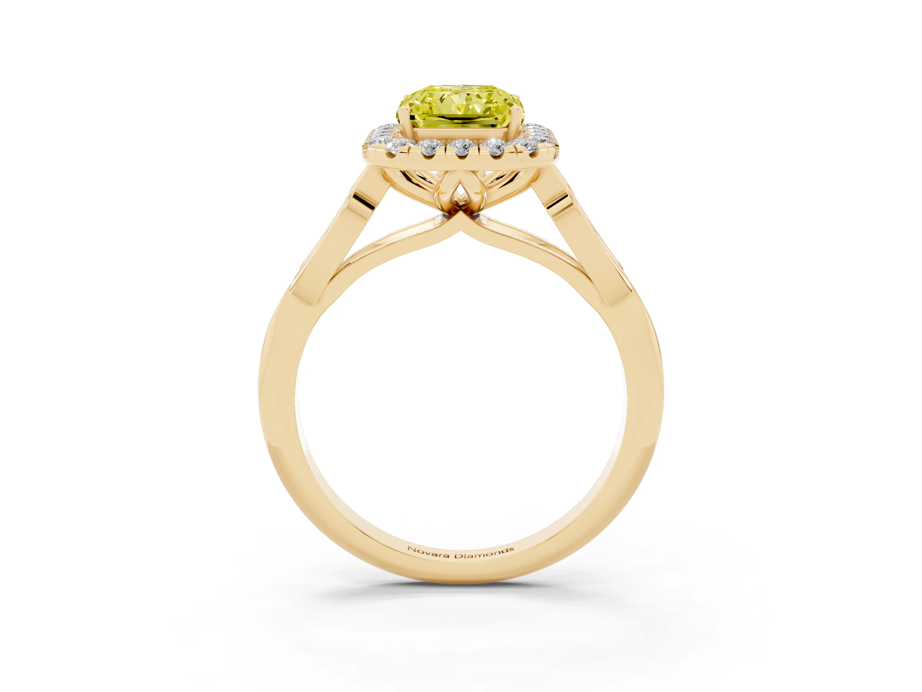 Fancy Yellow Radiant Cut Diamond Halo Engagement Ring Set in Yellow gold with Filigree Band and Prong-Set Center