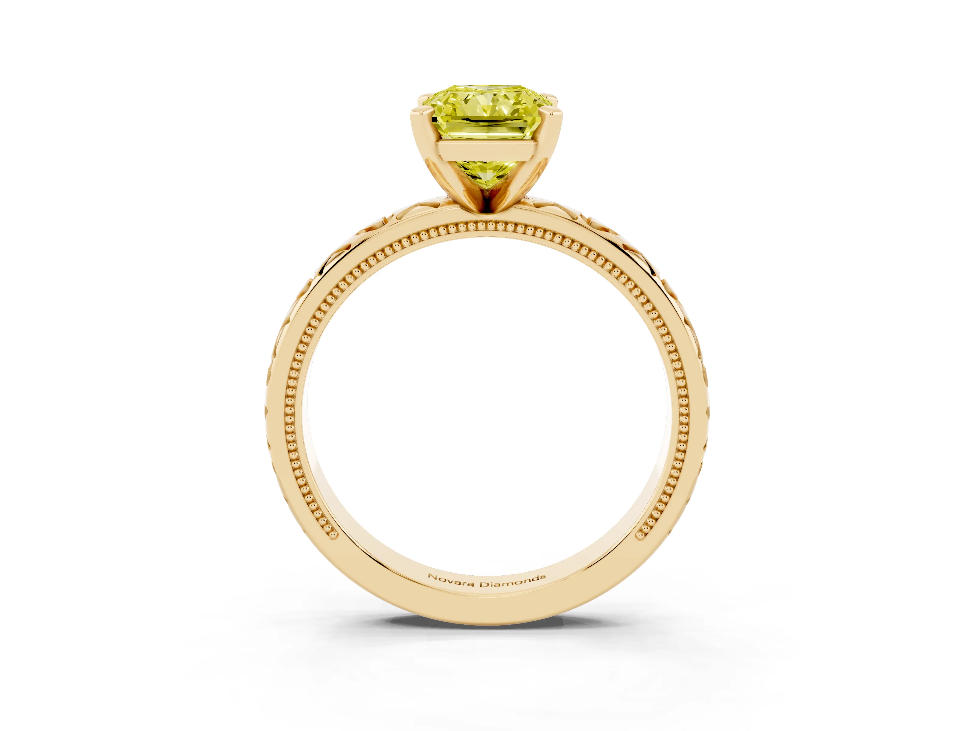 Fancy Yellow Radiant Cut Diamond Solitaire Engagement Ring Set in Yellow gold with XO Engraved Band and Prong Setting