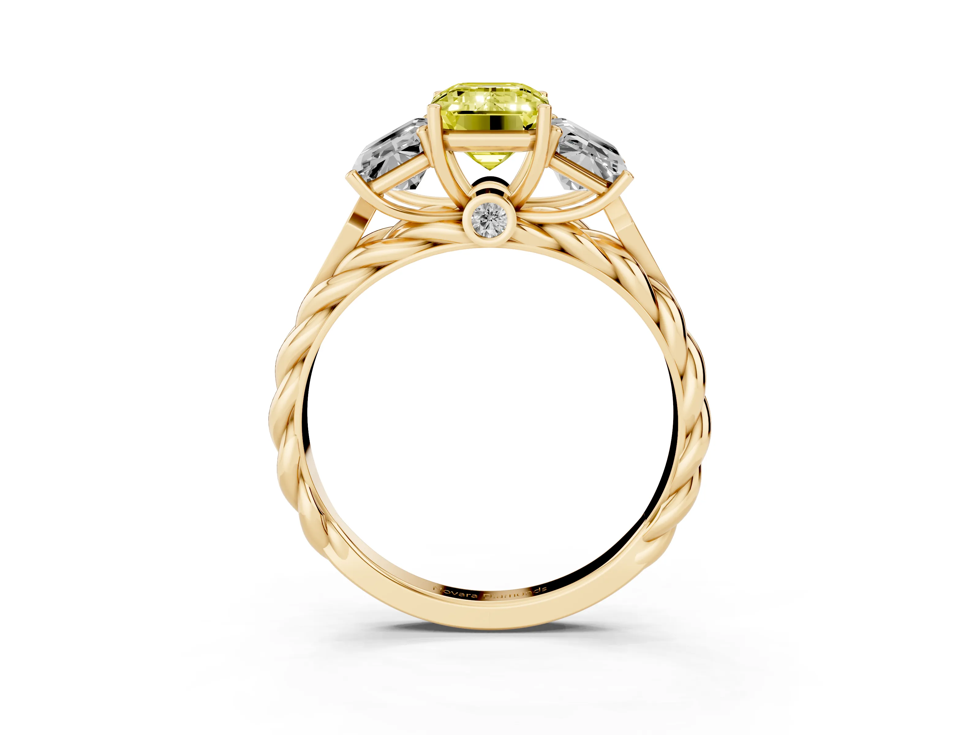 Fancy Yellow Radiant Cut Diamond Three-Stone Ring Set in Yellow gold with Braided Band