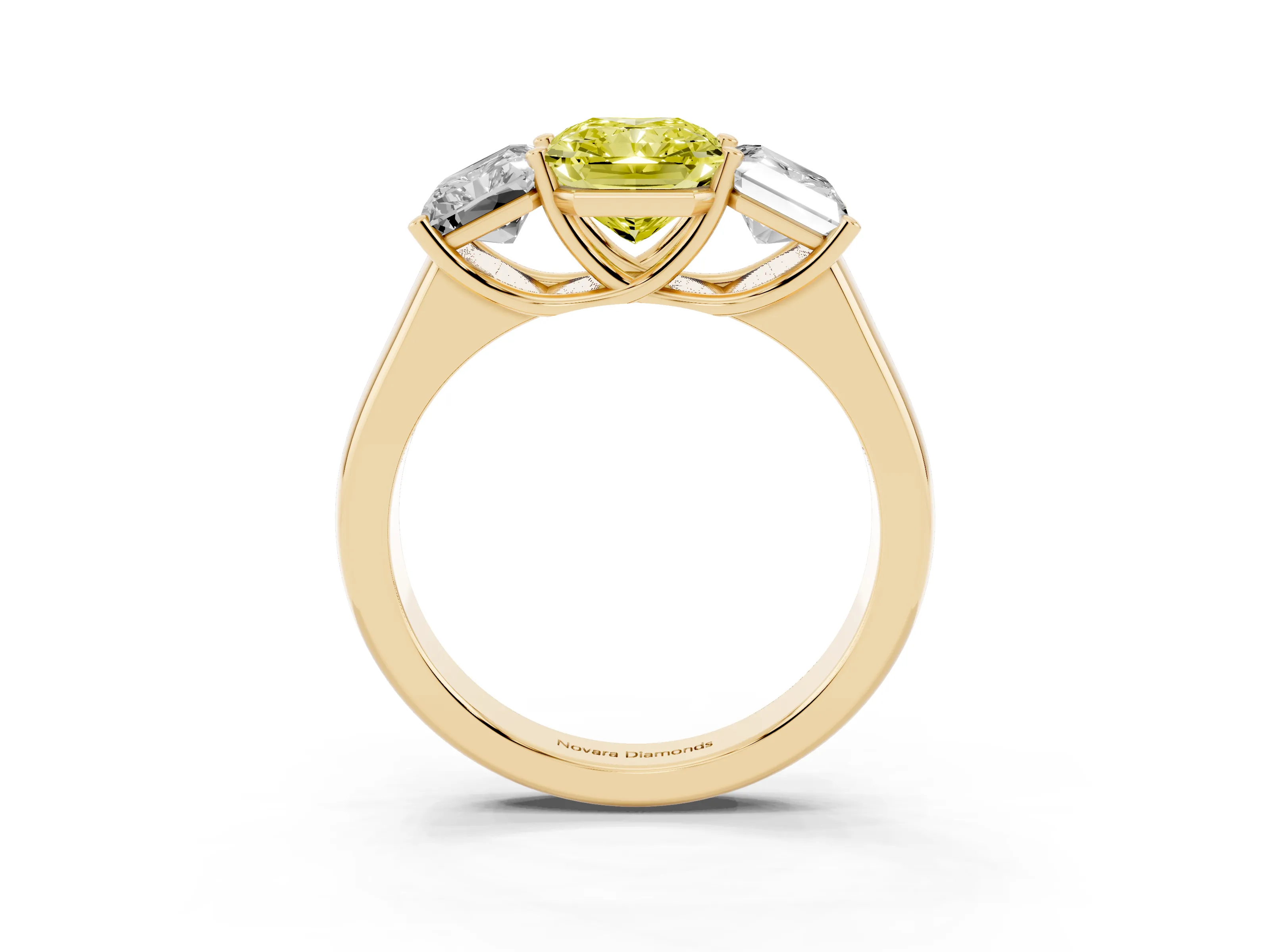 Fancy Yellow Radiant Cut Diamond Three-Stone Ring Set in Yellow gold with Plain Polished Band