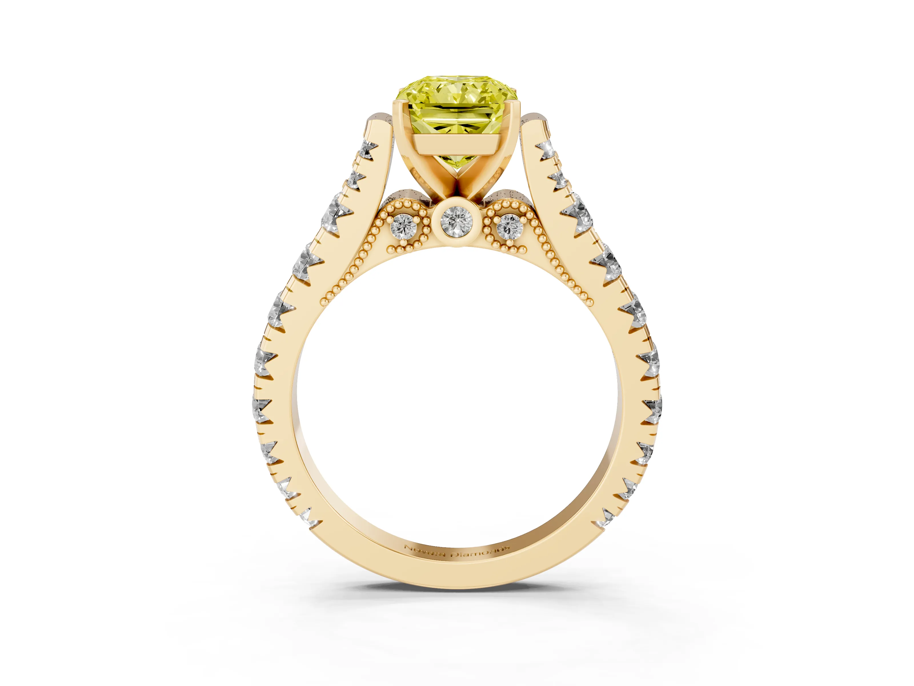 Fancy Yellow Radiant Cut Diamond Classic Solitaire Ring Set in Yellow gold with Pavé Band and Prong Setting