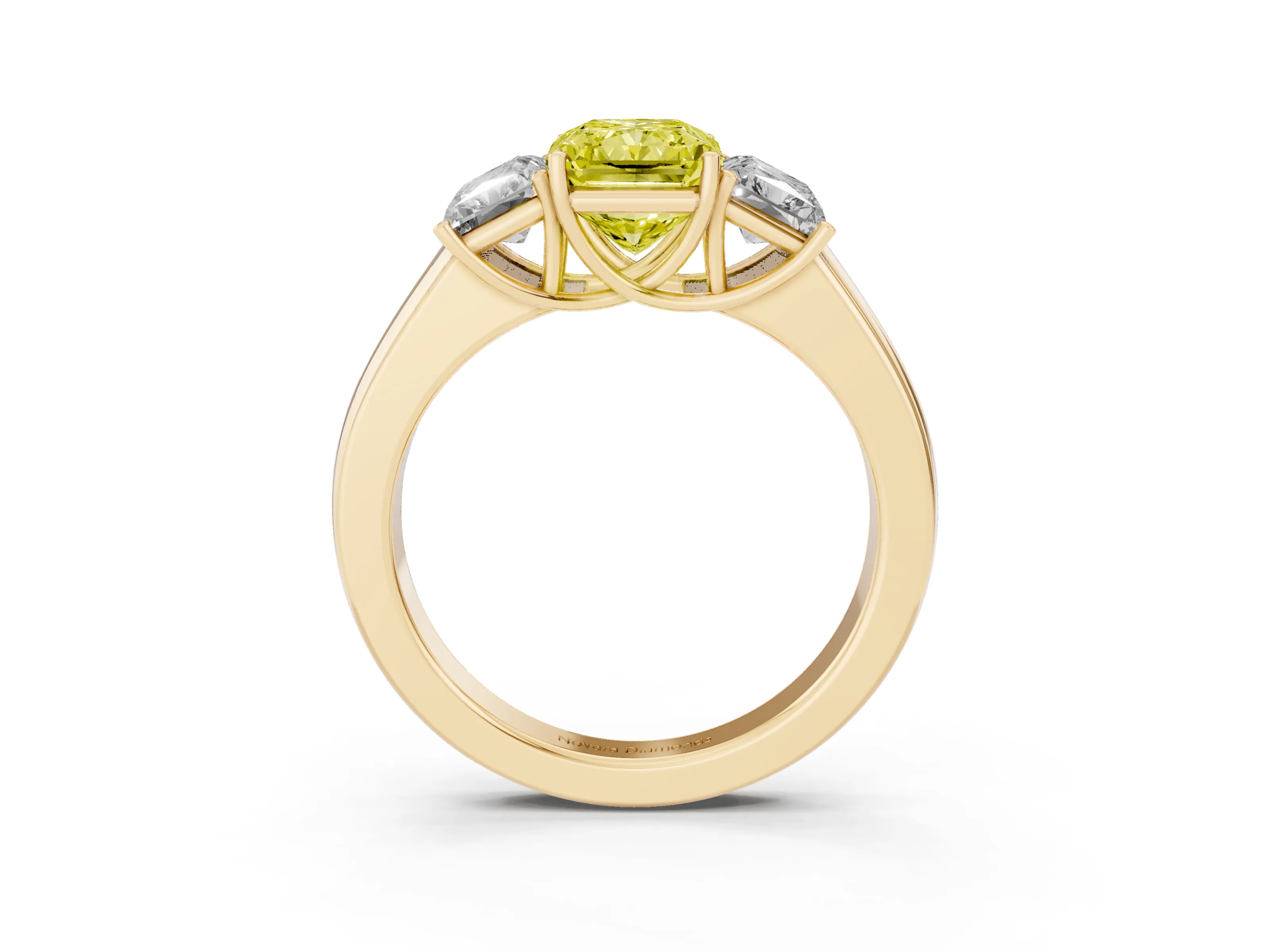 Fancy Yellow Three-Stone Radiant Cut Diamond Ring Set in Yellow gold with Matching Prong Settings and Plain Band