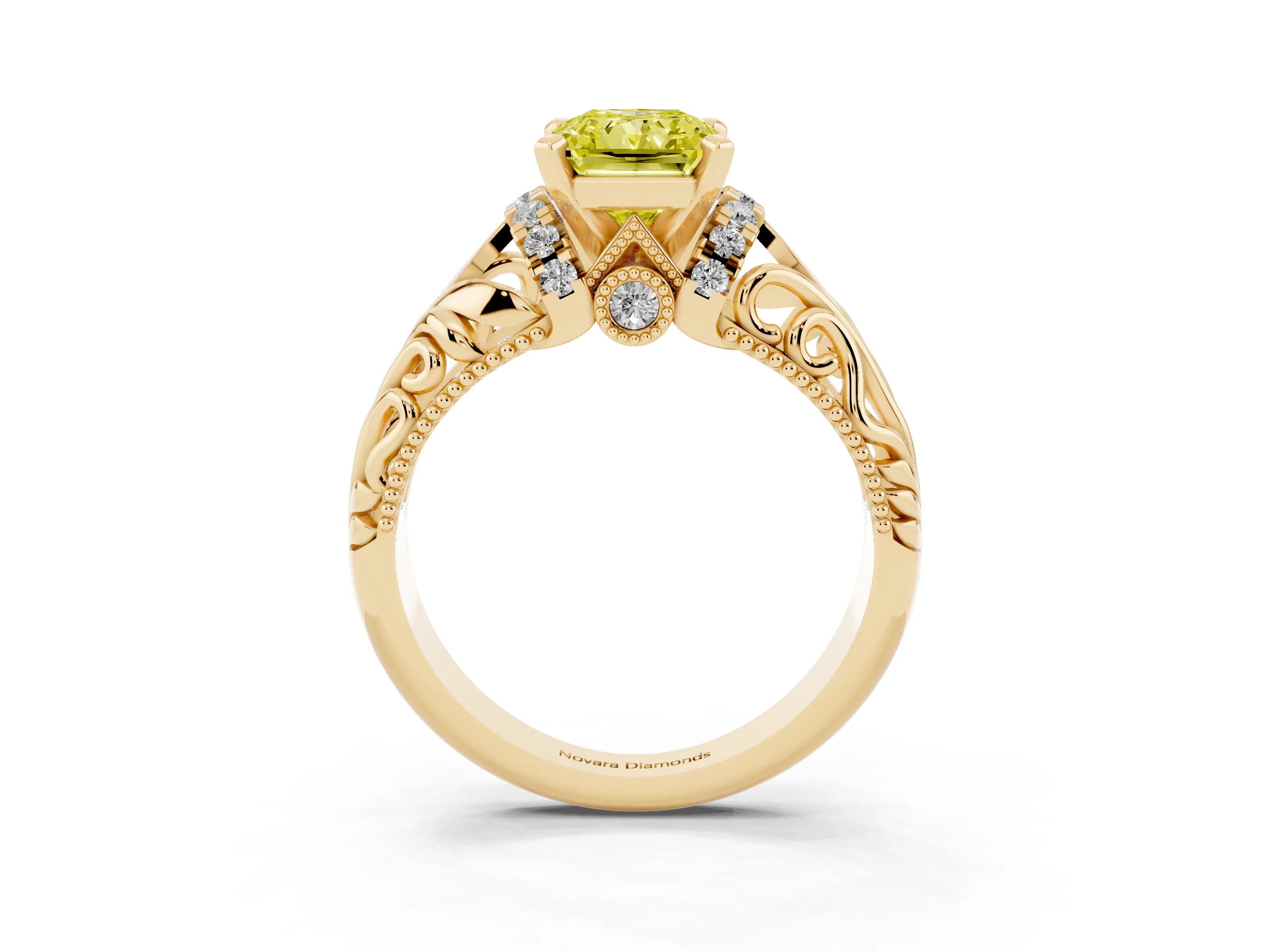 Fancy Yellow Radiant Cut Diamond Filigree Halo Engagement Ring Set in Yellow gold with Prong Setting