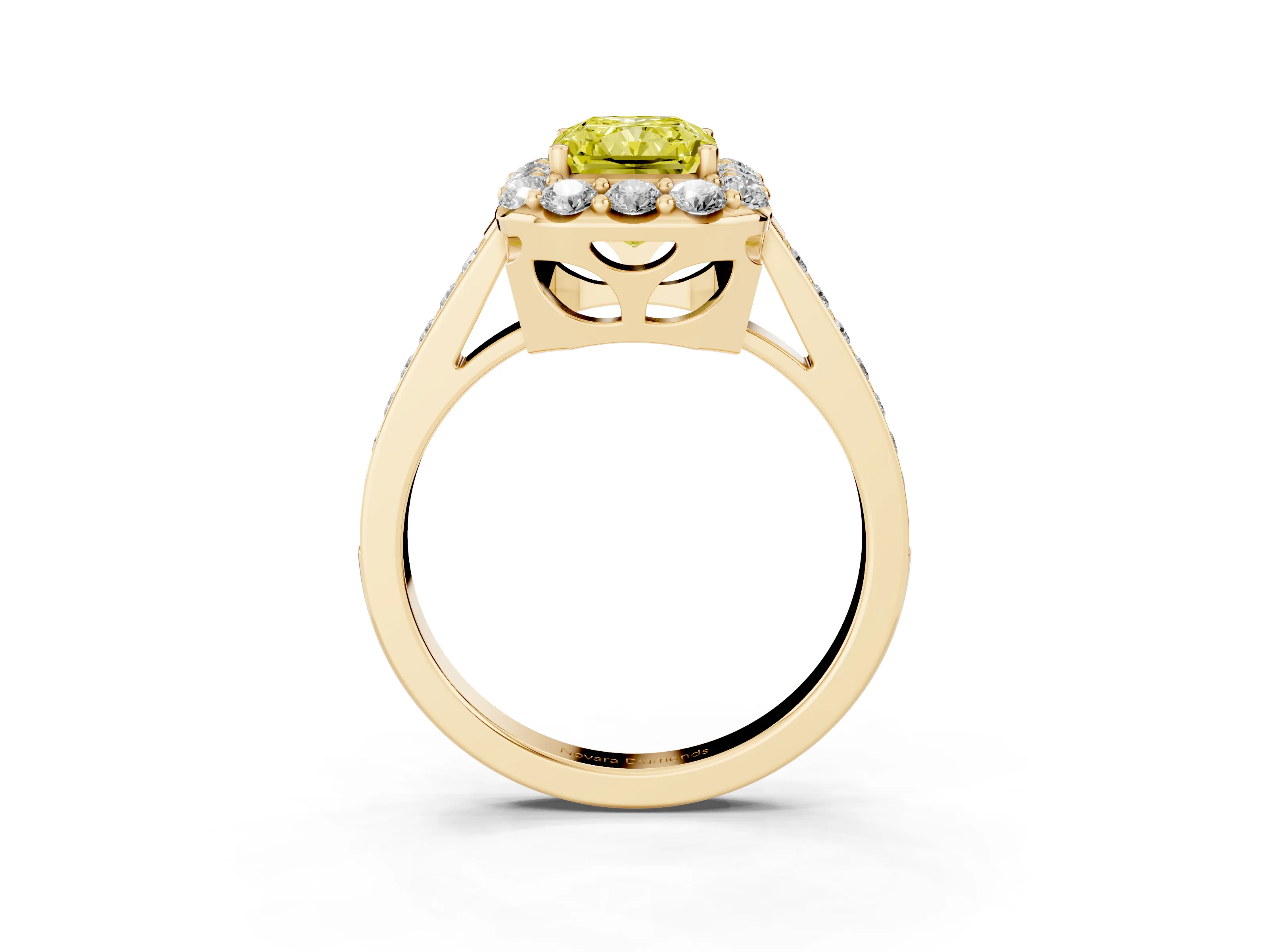 Fancy Yellow Radiant Cut Diamond Floral Halo Ring Set in Yellow gold with Pavé Band and Prong Setting