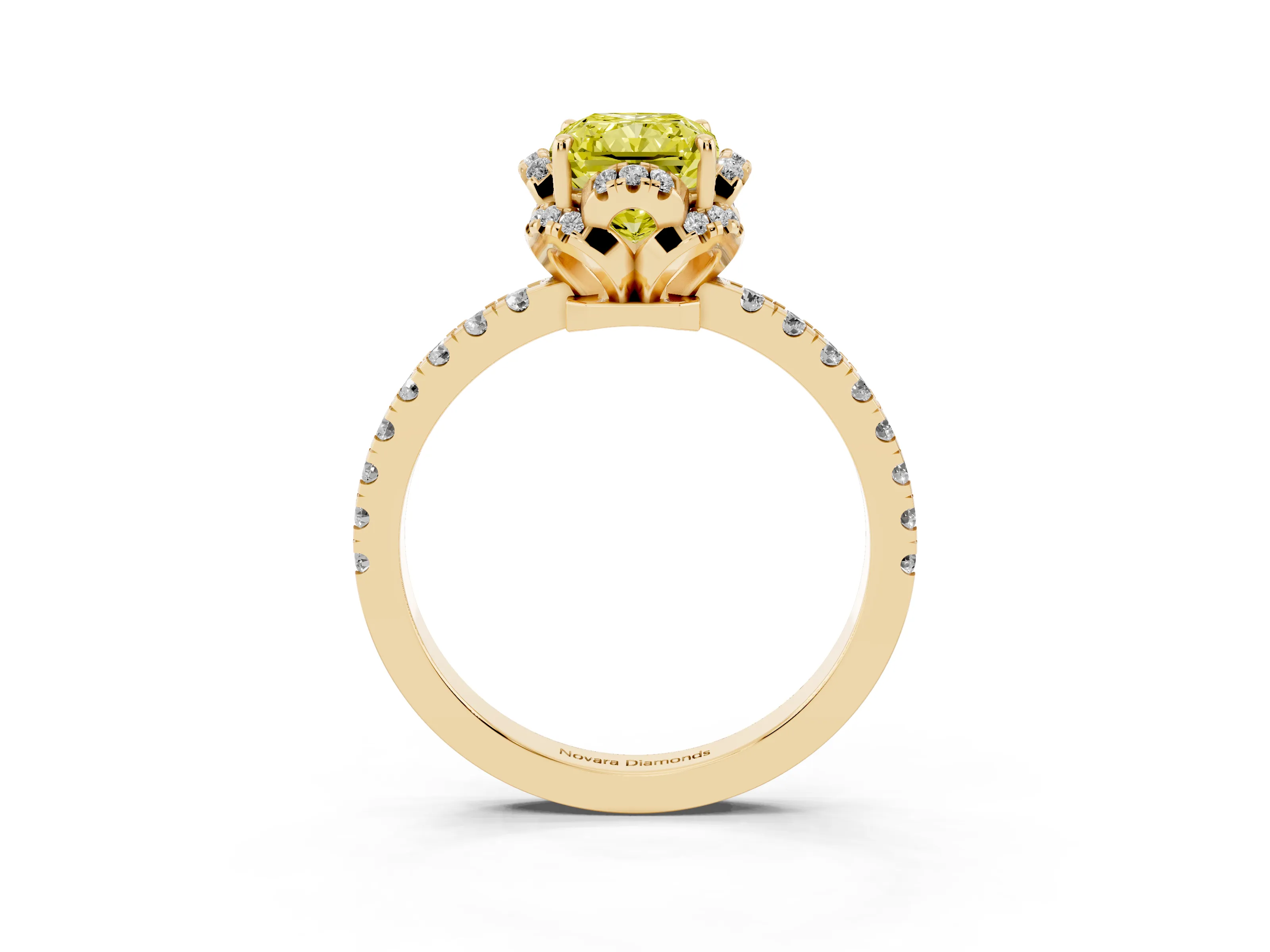 Fancy Yellow Radiant Cut Diamond Halo Pavé Band Ring Set in Yellow gold with Prong-Held Center