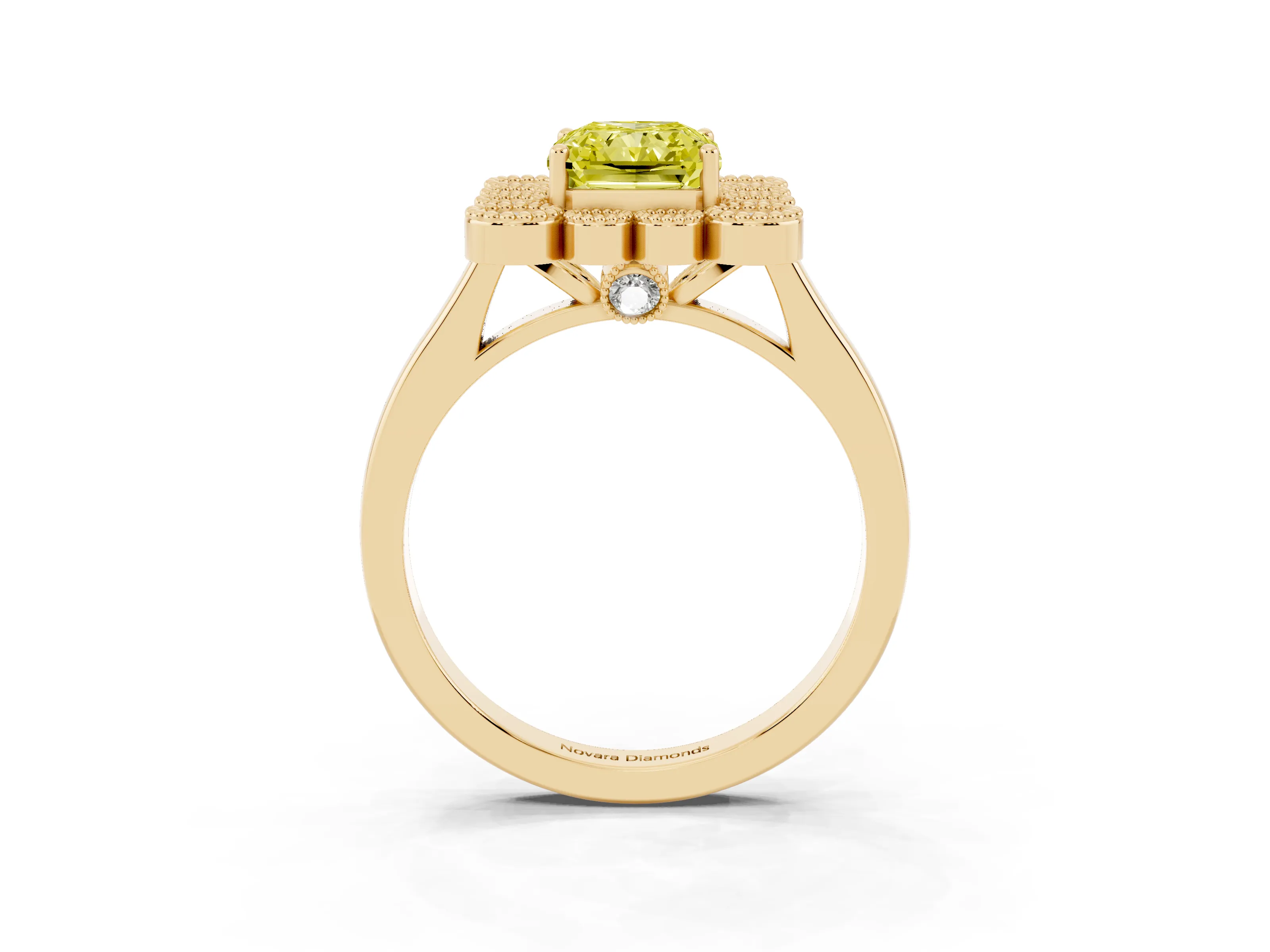 Fancy Yellow Radiant Cut Diamond Cluster Halo Ring Set in Yellow gold with Milgrain Bezel Accents and Plain Band