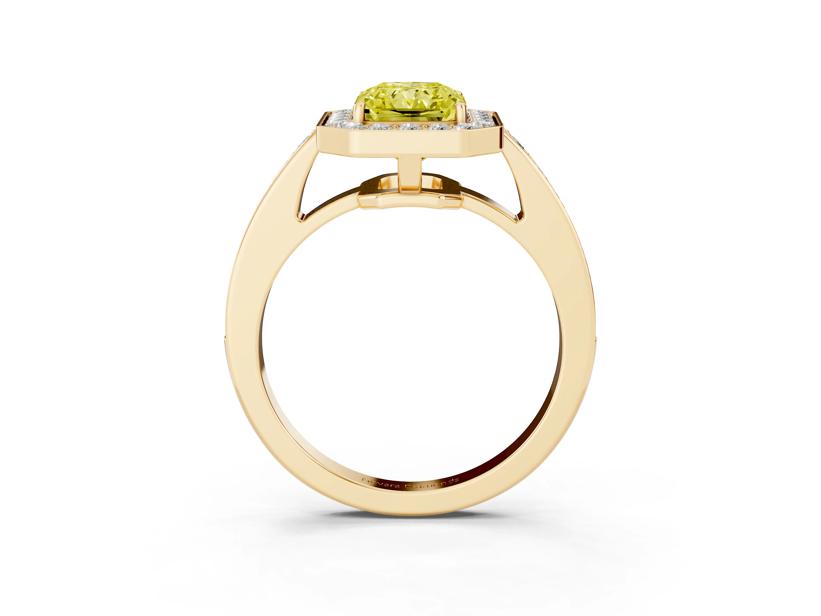 Fancy Yellow Radiant Cut Diamond Halo Pavé Engagement Ring Set in Yellow gold with Bezel Setting
