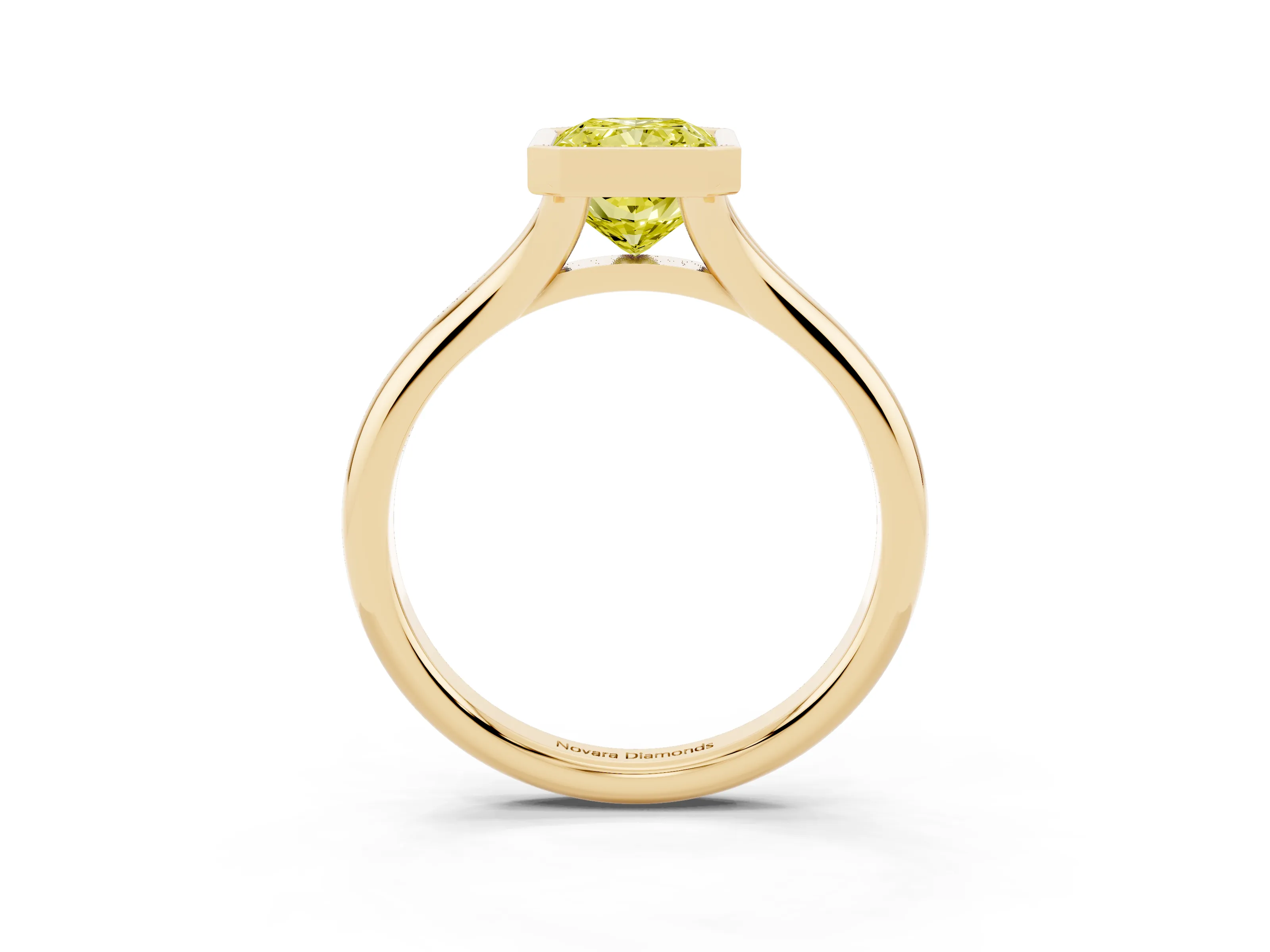 Fancy Yellow Bezel Set Radiant Cut Diamond Solitaire Ring Set in Yellow gold with Smooth Band