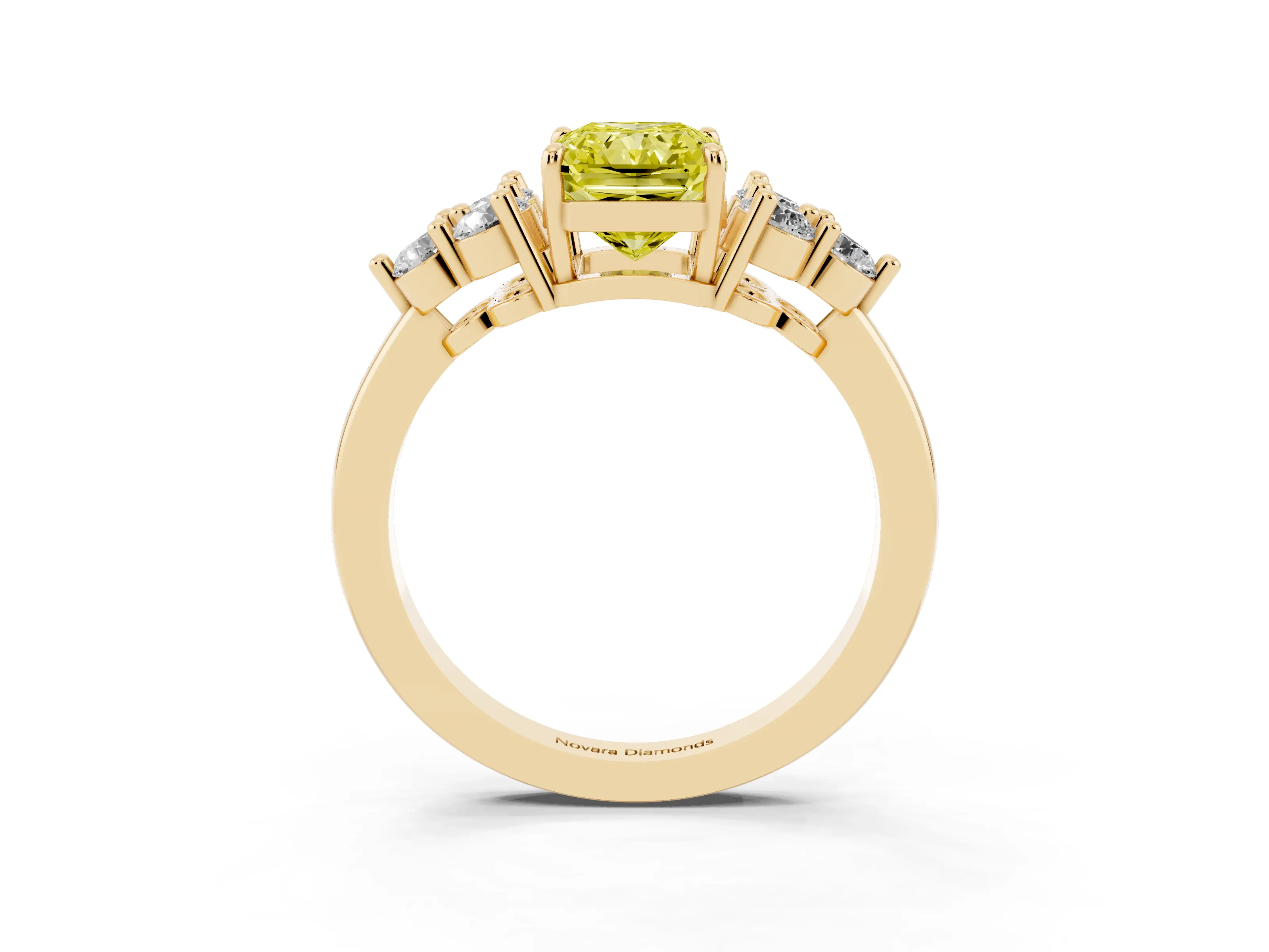 Fancy Yellow Radiant Cut Diamond Solitaire Ring Set in Yellow gold with Cluster Accents on Each Side