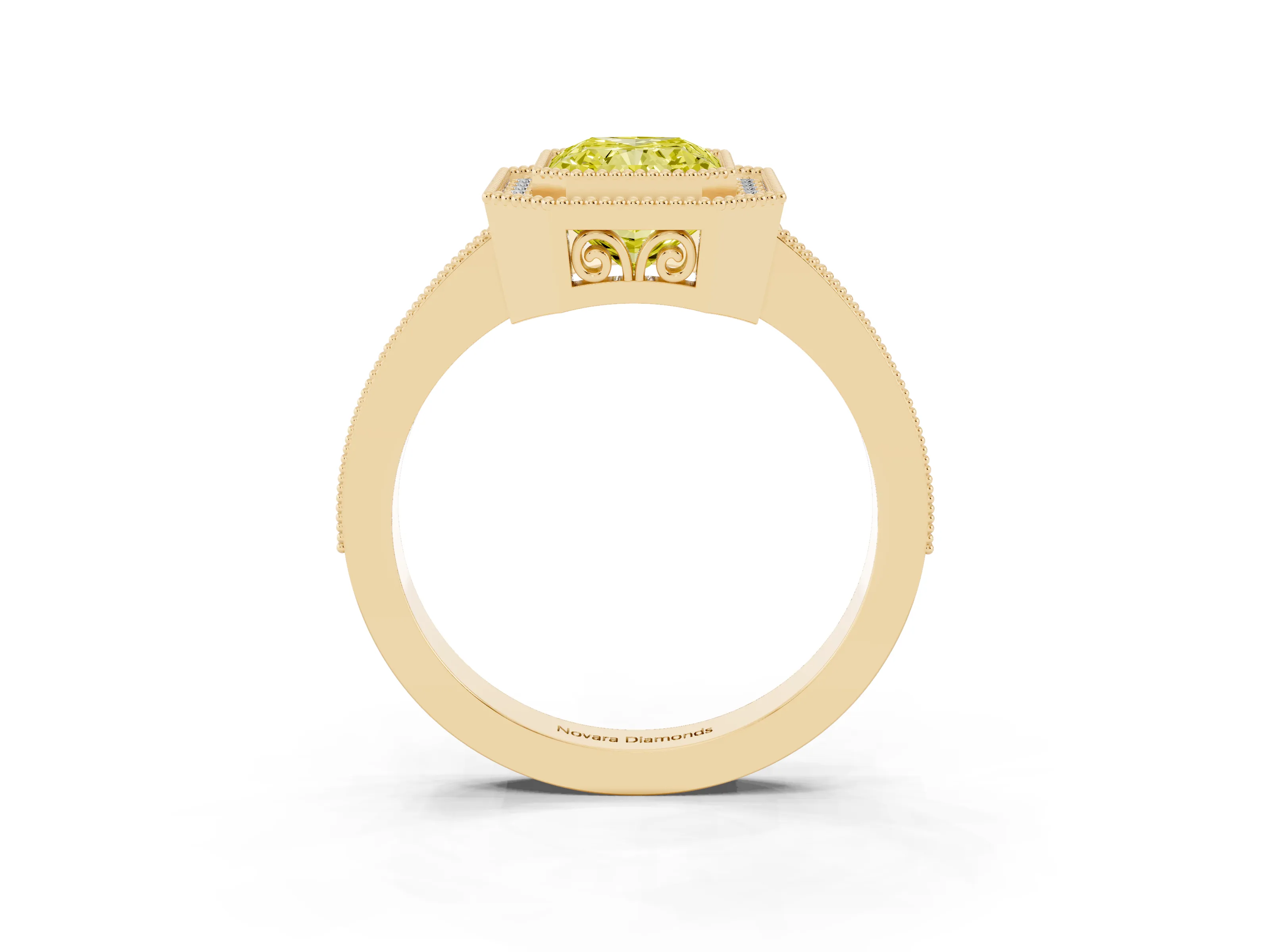 Fancy Yellow Radiant Cut Diamond Halo Ring Set in Yellow gold with Pavé Band and Milgrain-Edged Prongs