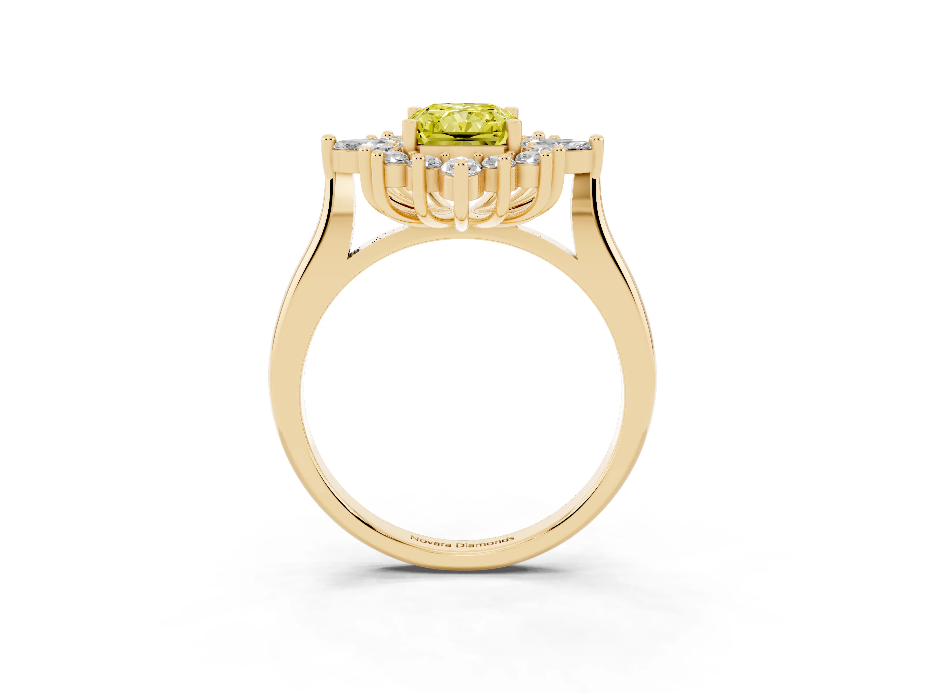 Fancy Yellow Radiant Cut Diamond Cluster Halo Ring Set in Yellow gold with Marquise and Round Accents