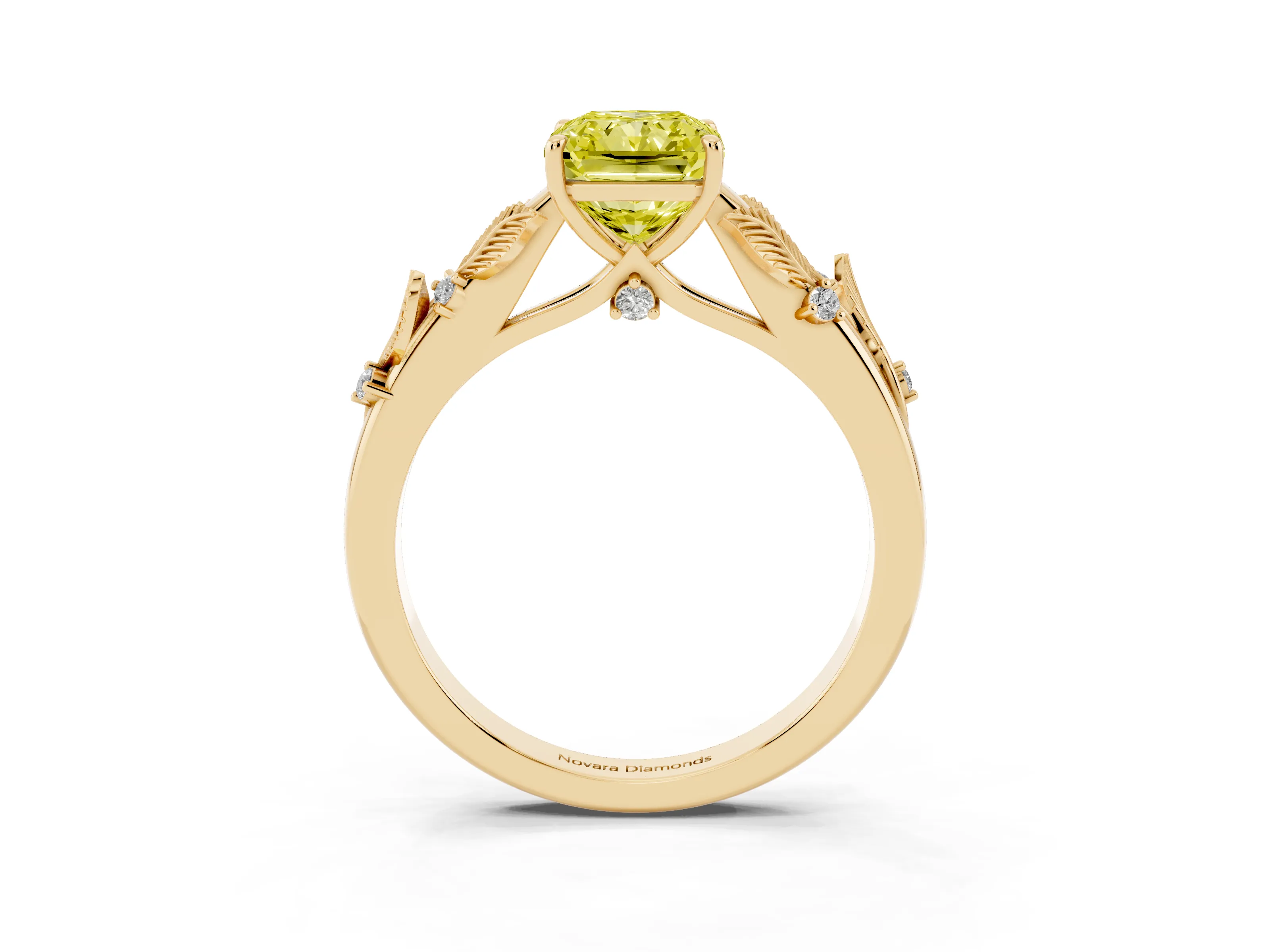 Fancy Yellow Radiant Cut Diamond Solitaire Ring Set in Yellow gold with Leaf Motif Band