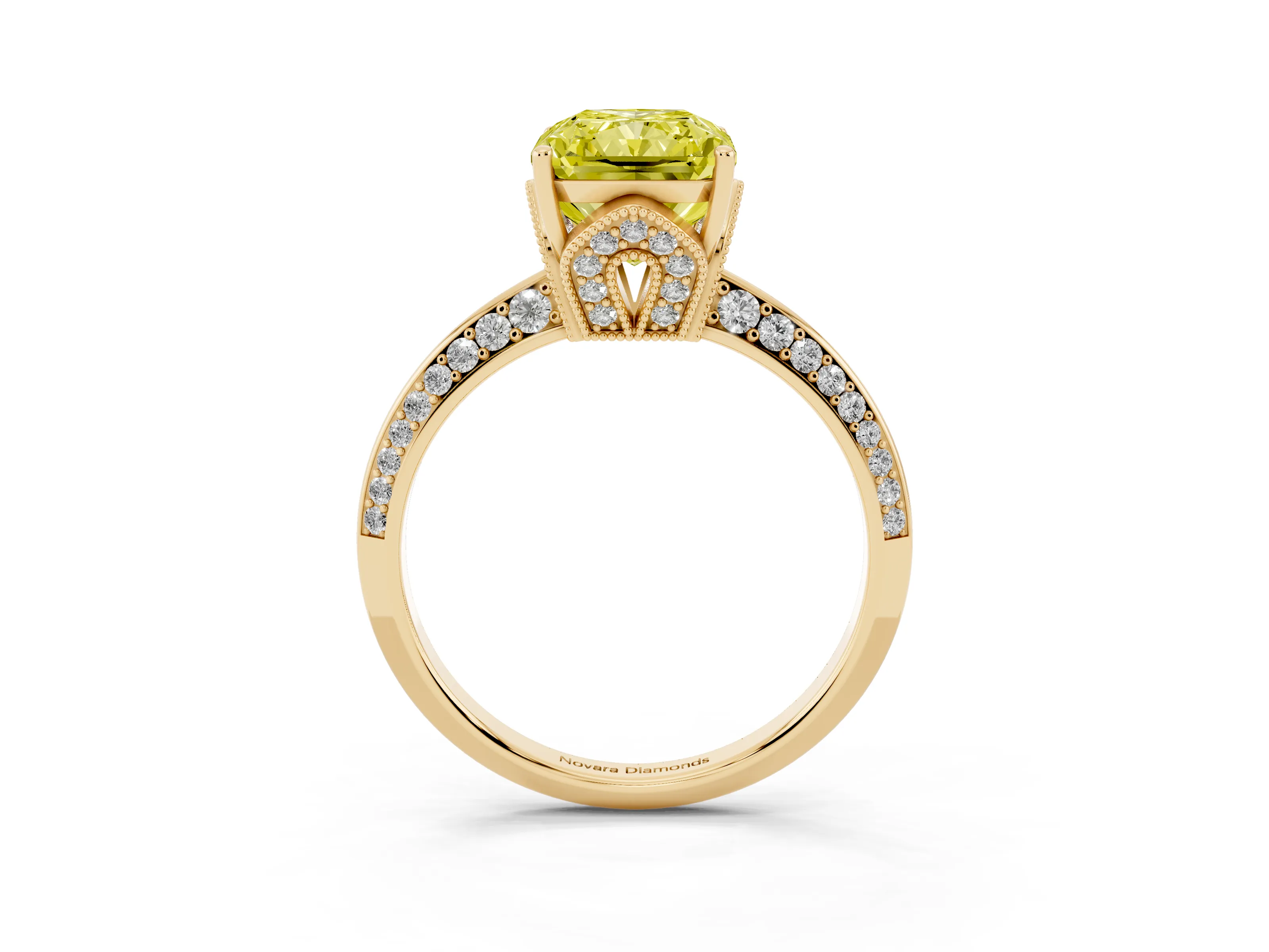 Fancy Yellow Radiant Cut Diamond Solitaire Engagement Ring Set in Yellow gold with Pavé Split Shank and Prong Setting