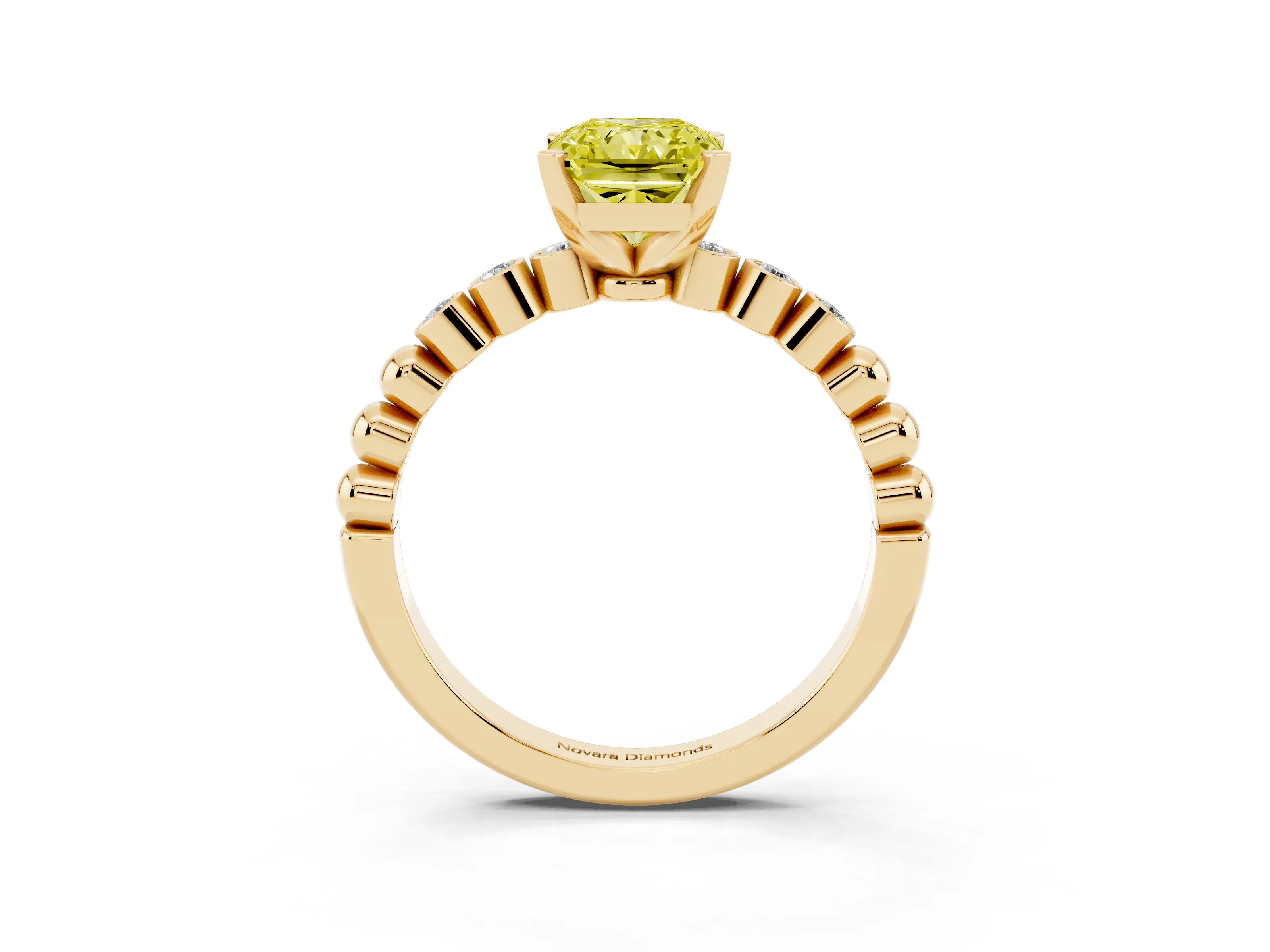 Fancy Yellow Radiant Cut Diamond Solitaire Engagement Ring Set in Yellow gold with Bezel Accents on Beaded Band