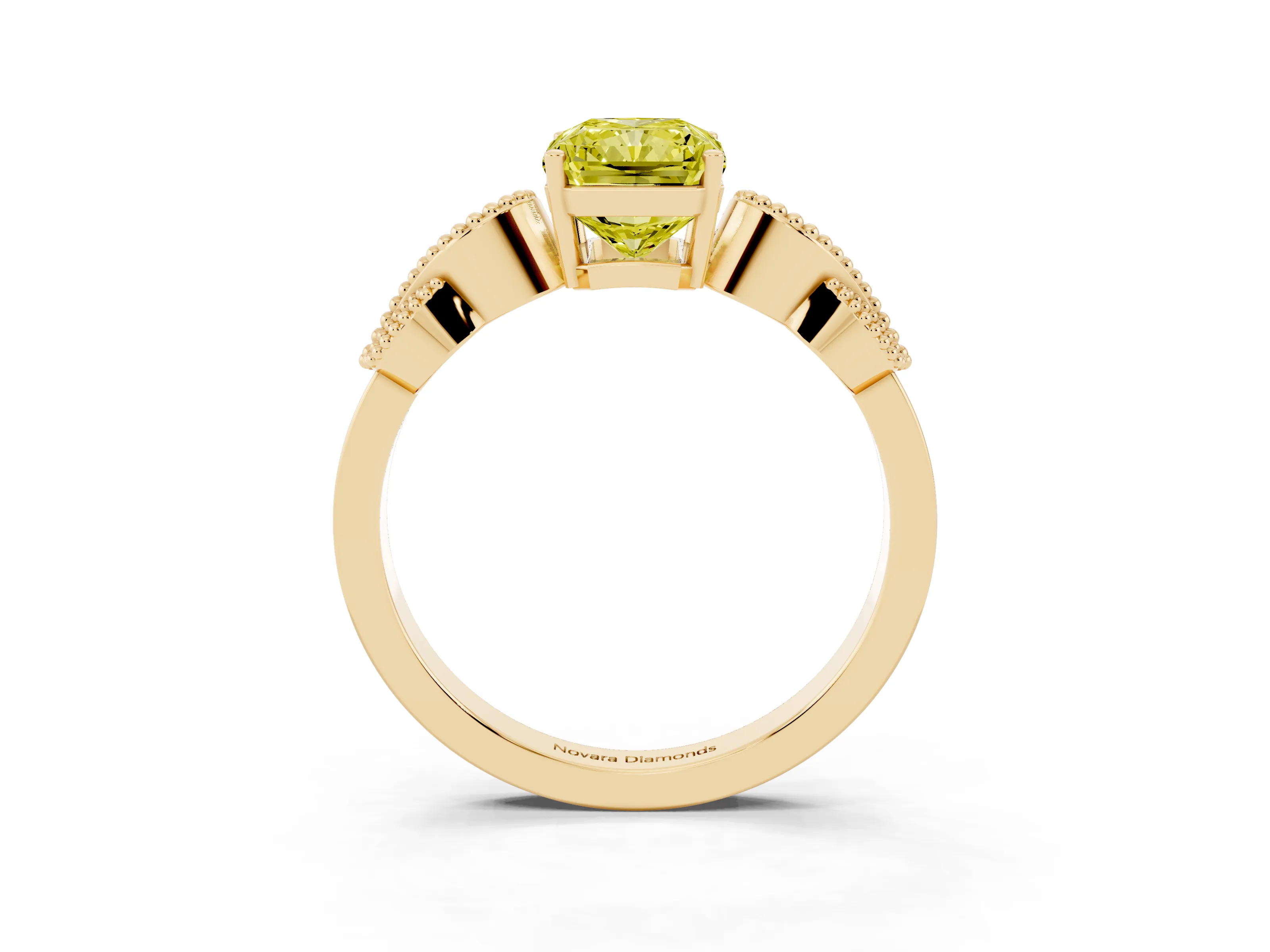 Fancy Yellow Radiant Cut Diamond Milgrain Leaf Band Solitaire Ring Set in Yellow gold with Accent Stones and Prong Setting