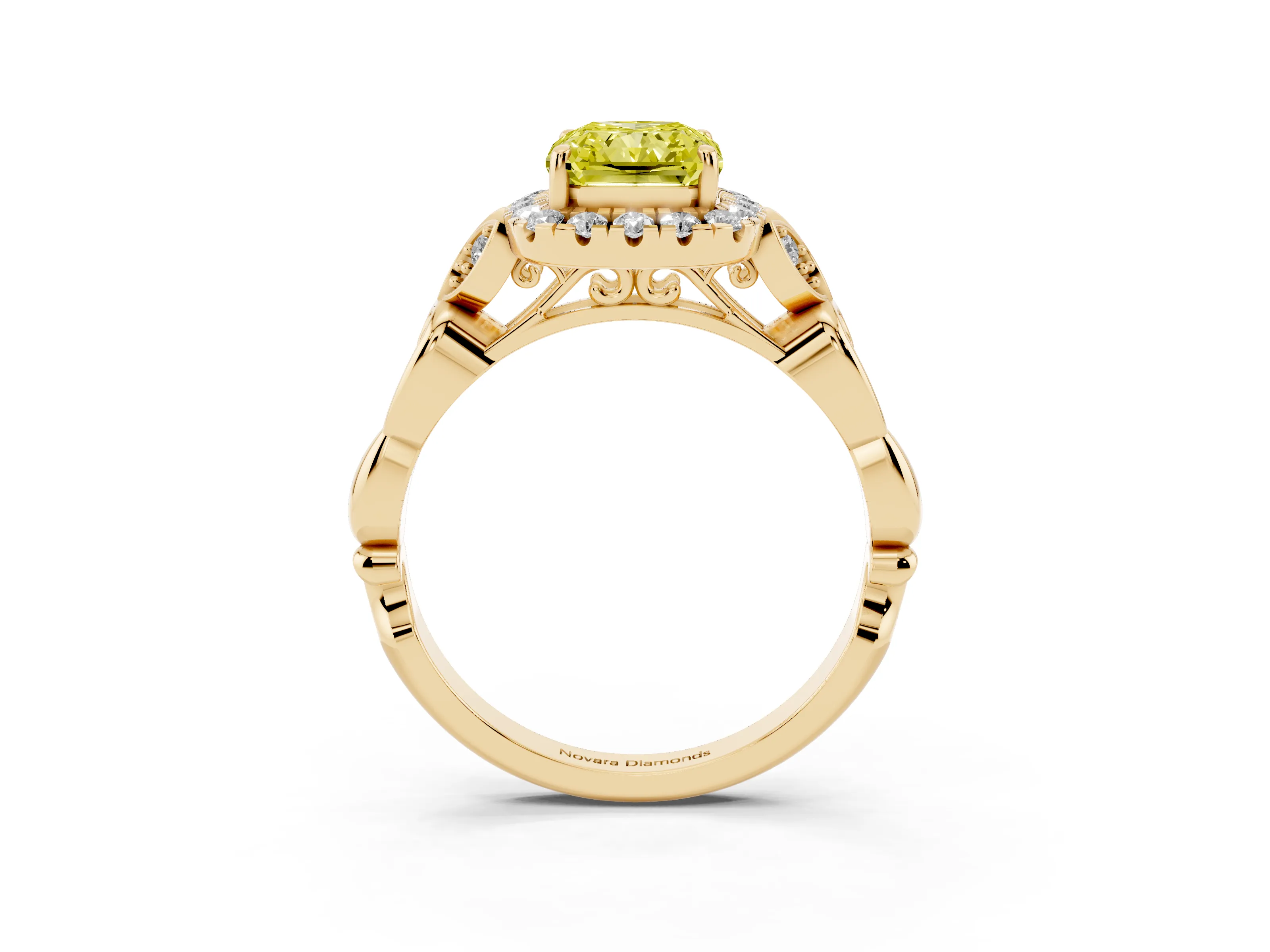 Fancy Yellow Radiant Cut Diamond Halo Engagement Ring Set in Yellow gold with Vintage-Inspired Band and Prong Setting