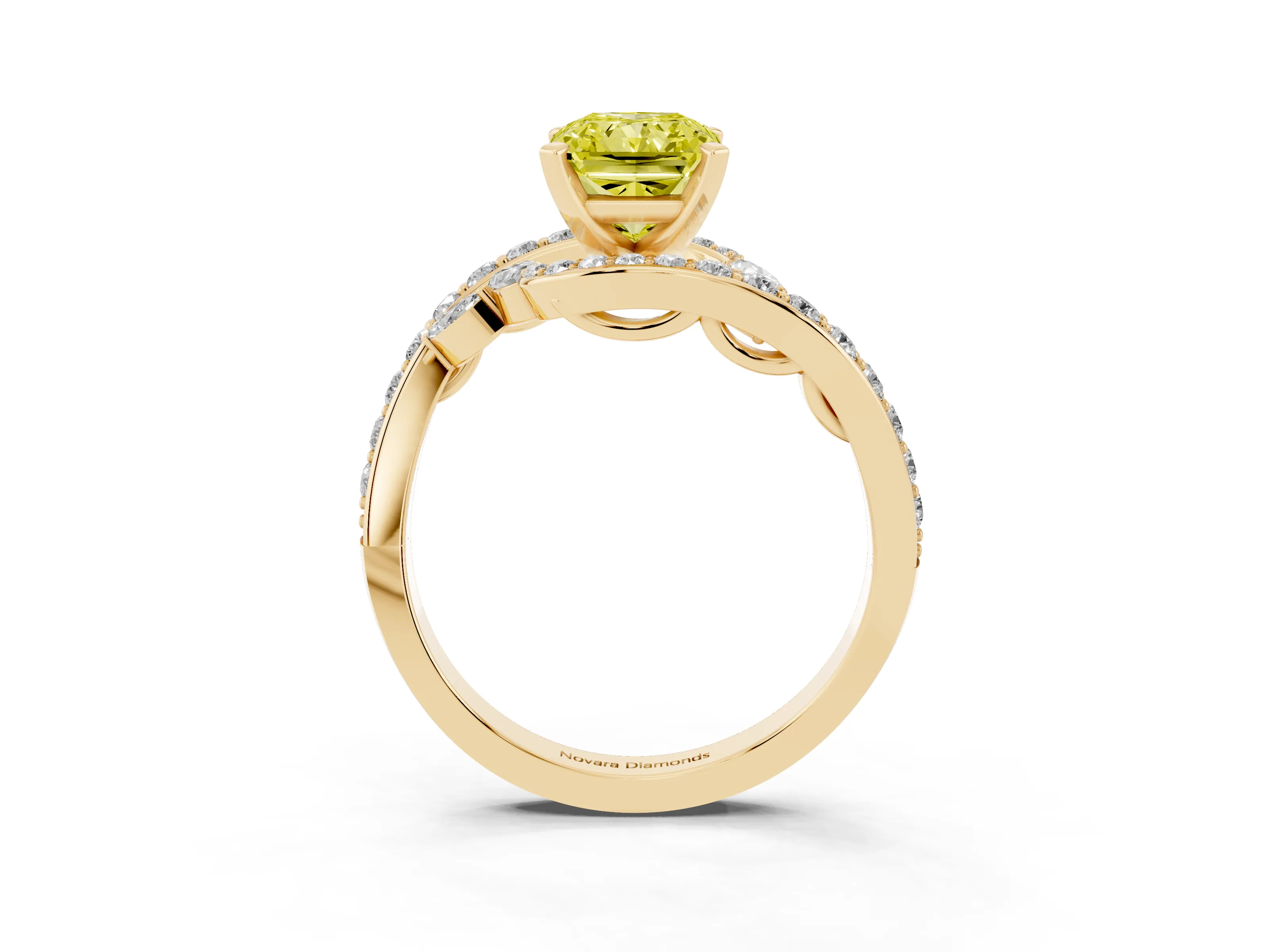 Fancy Yellow Radiant Cut Diamond Solitaire Ring Set in Yellow gold with Pavé Twist Band and Secure Prong Setting