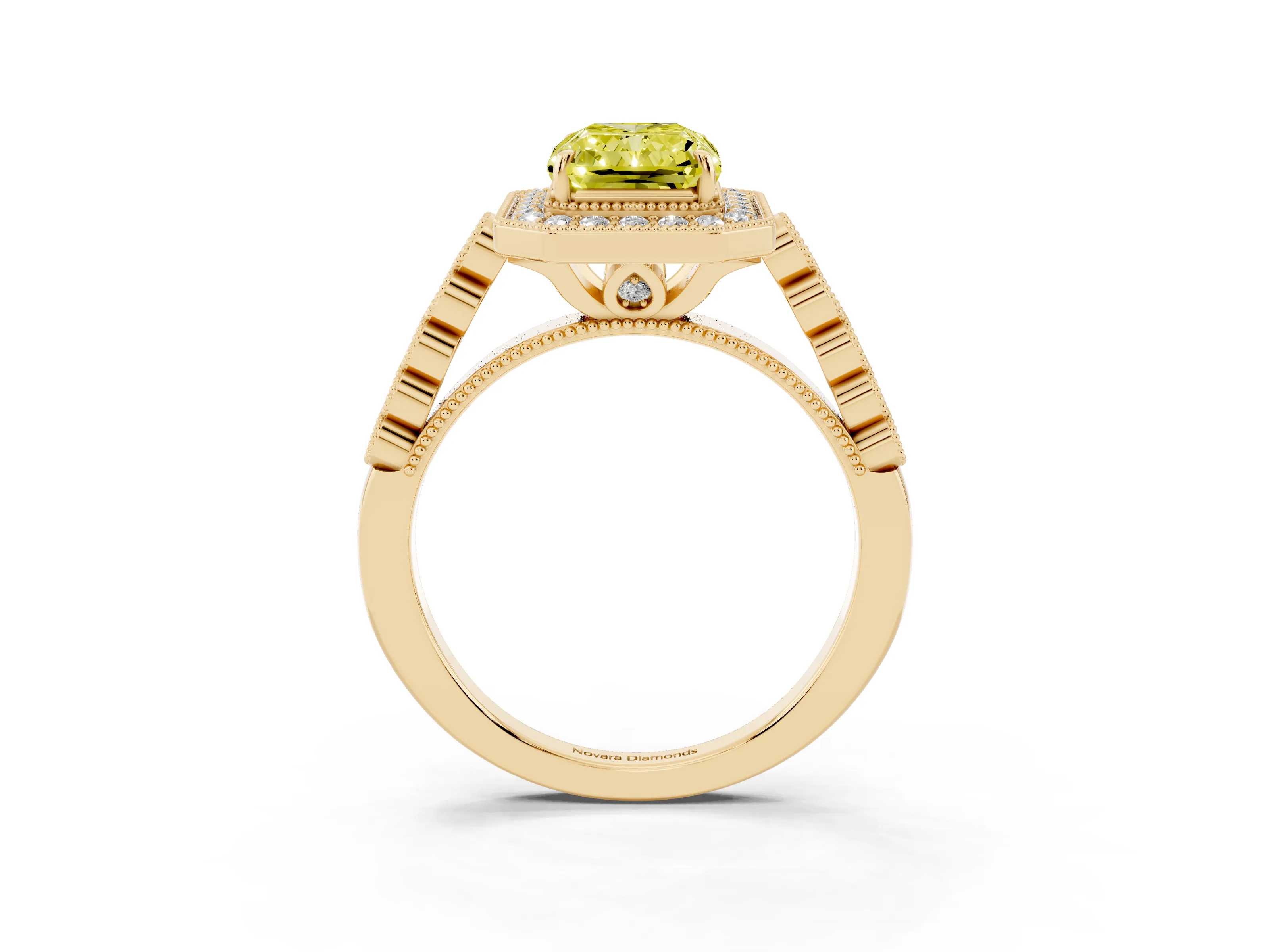 Fancy Yellow Radiant Cut Diamond Milgrain Halo Solitaire Ring Set in Yellow gold with Bezel Set Side Stones and Pavé Band