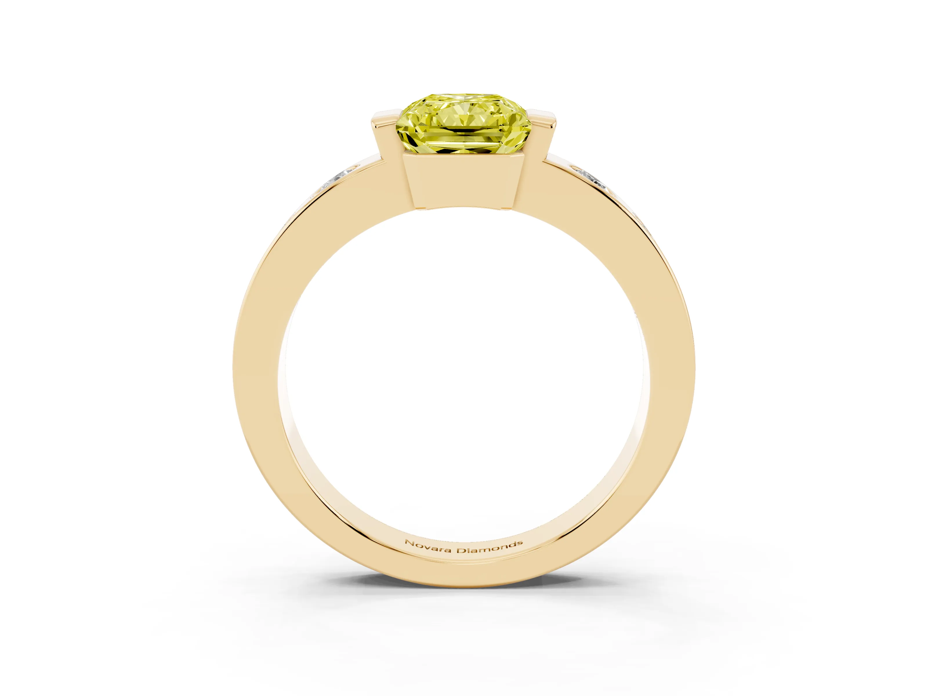 Fancy Yellow Radiant Cut Diamond Channel-Set Band Ring Set in Yellow gold with Bezel Prong Setting