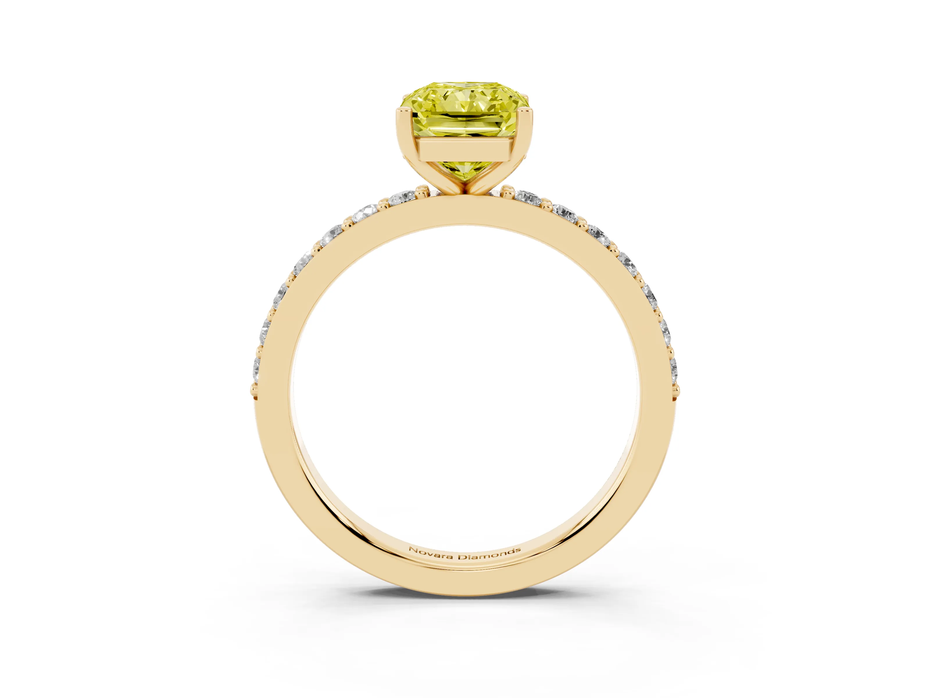 Fancy Yellow Radiant Cut Diamond Solitaire Set in Yellow gold with Round Pavé Band and Prong Setting