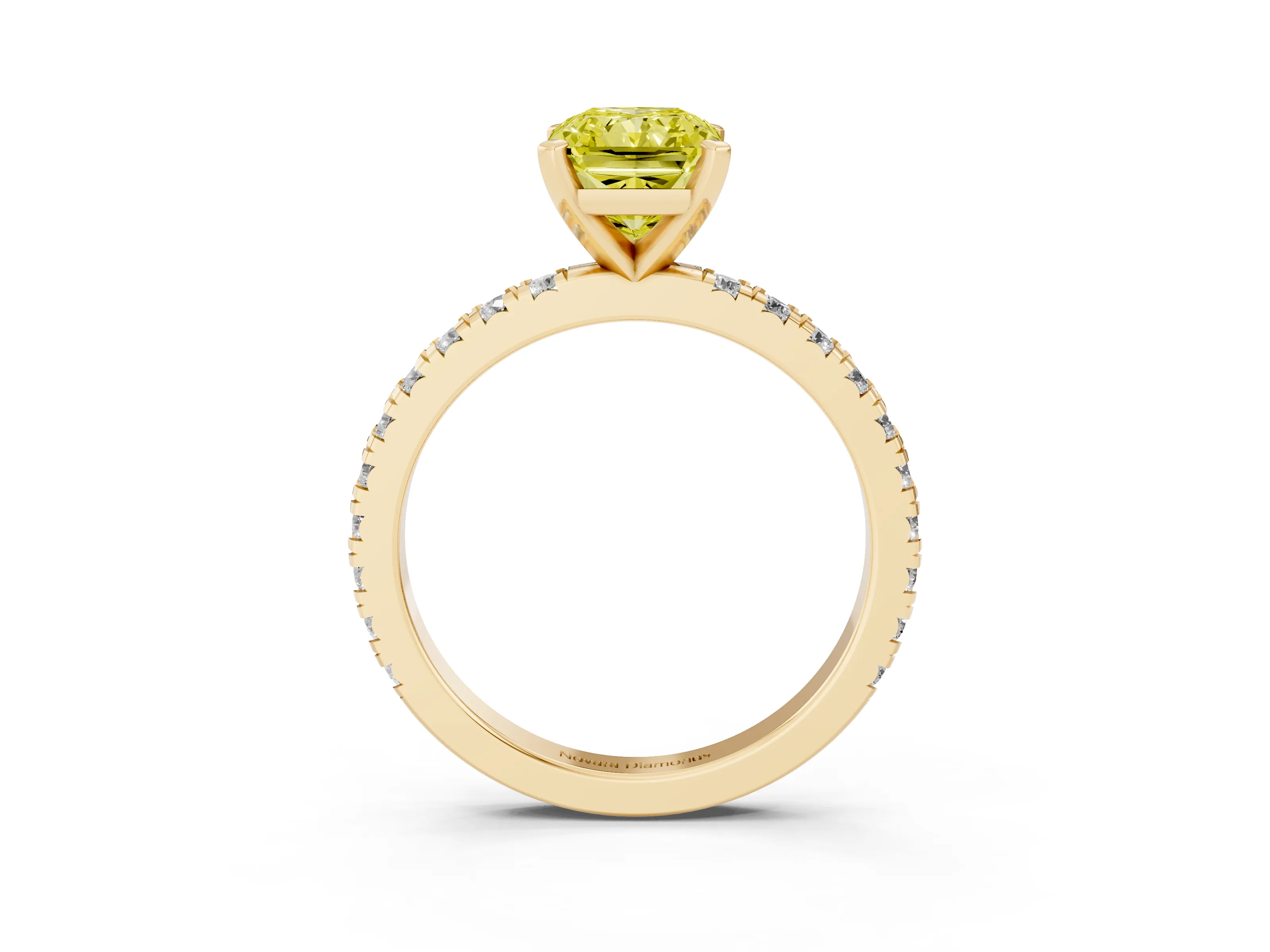 Fancy Yellow Radiant Cut Diamond Pavé Band Solitaire Set in Yellow gold with Prong Setting