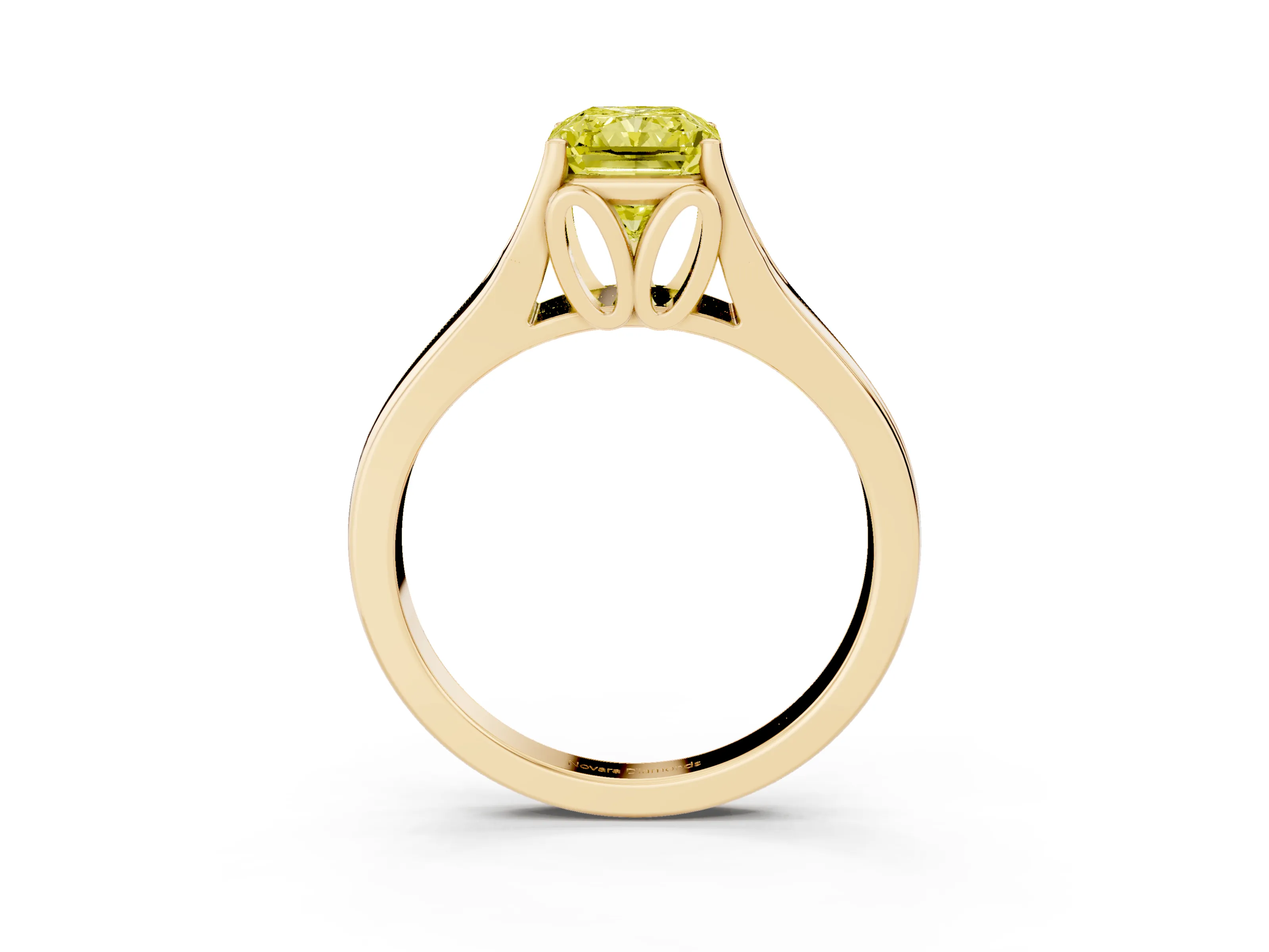 Fancy Yellow Radiant Cut Diamond Solitaire Ring Set in Yellow gold with Arched Cathedral Band and Prong Setting