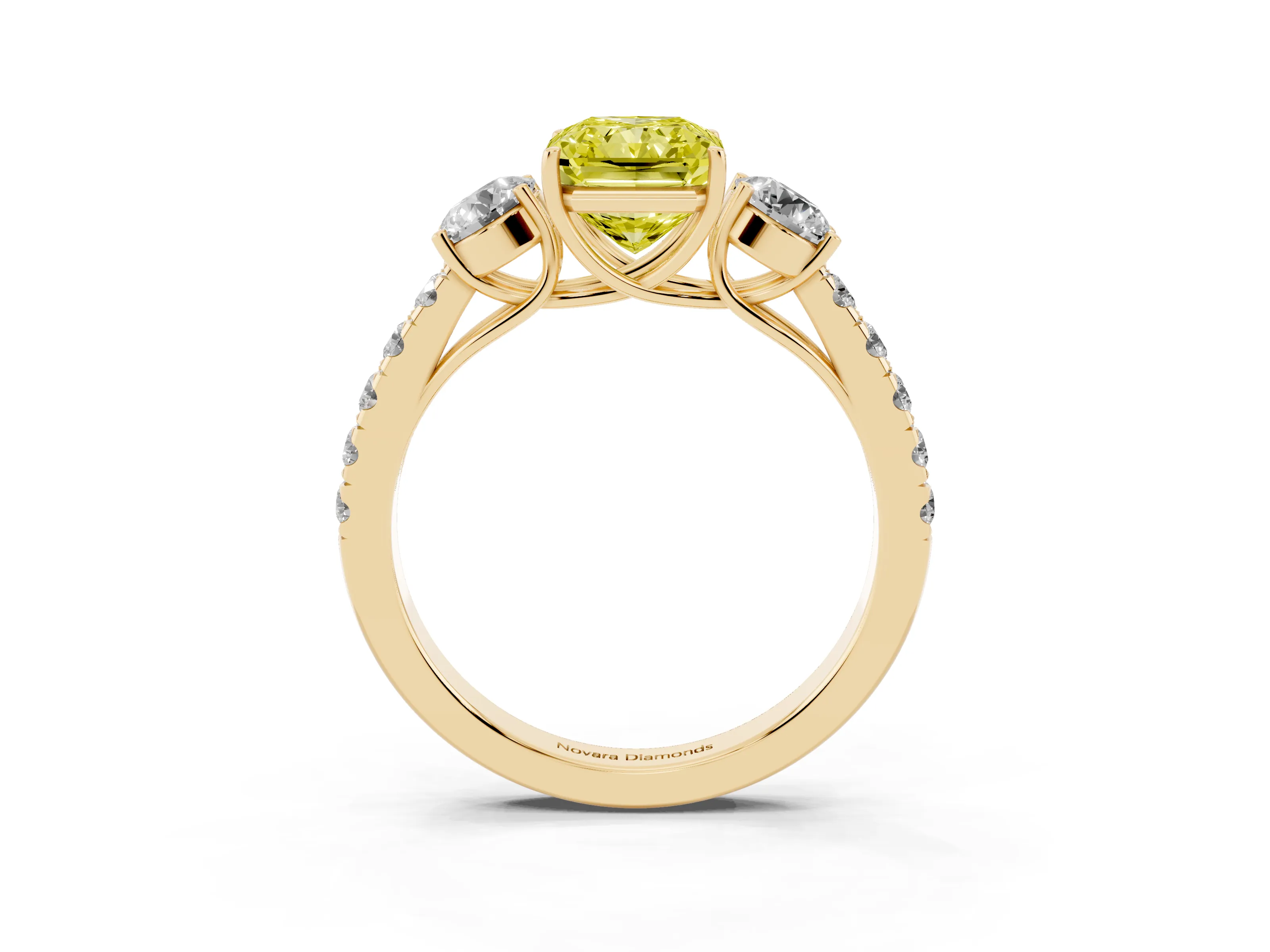 Fancy Yellow Radiant Cut Diamond Three-Stone Ring Set in Yellow gold with Round Side Stones and Delicate Pavé Band