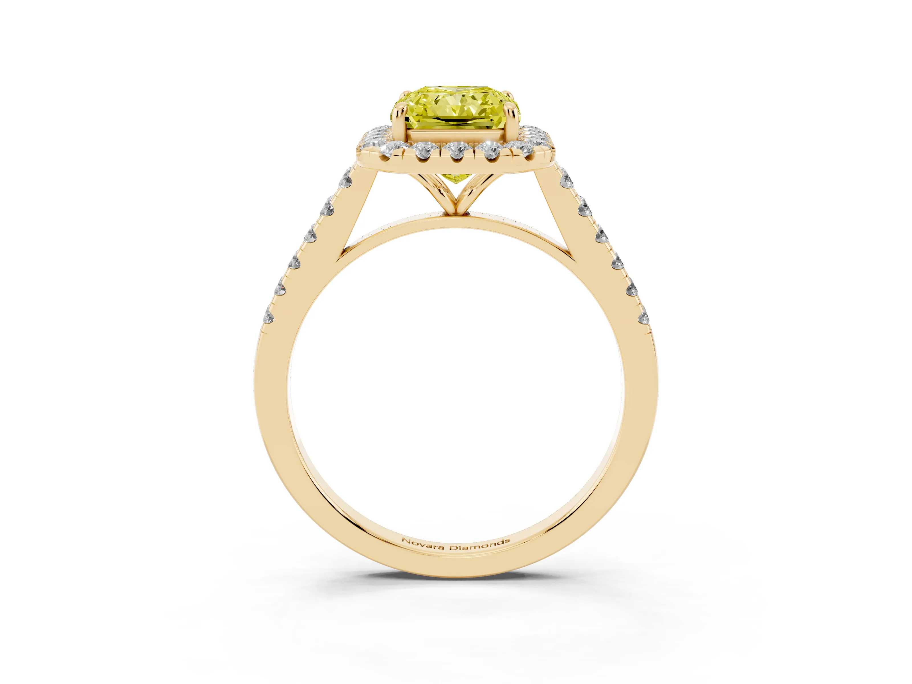 Fancy Yellow Radiant Cut Diamond Halo Pavé Engagement Ring Set in Yellow gold with Prong Setting
