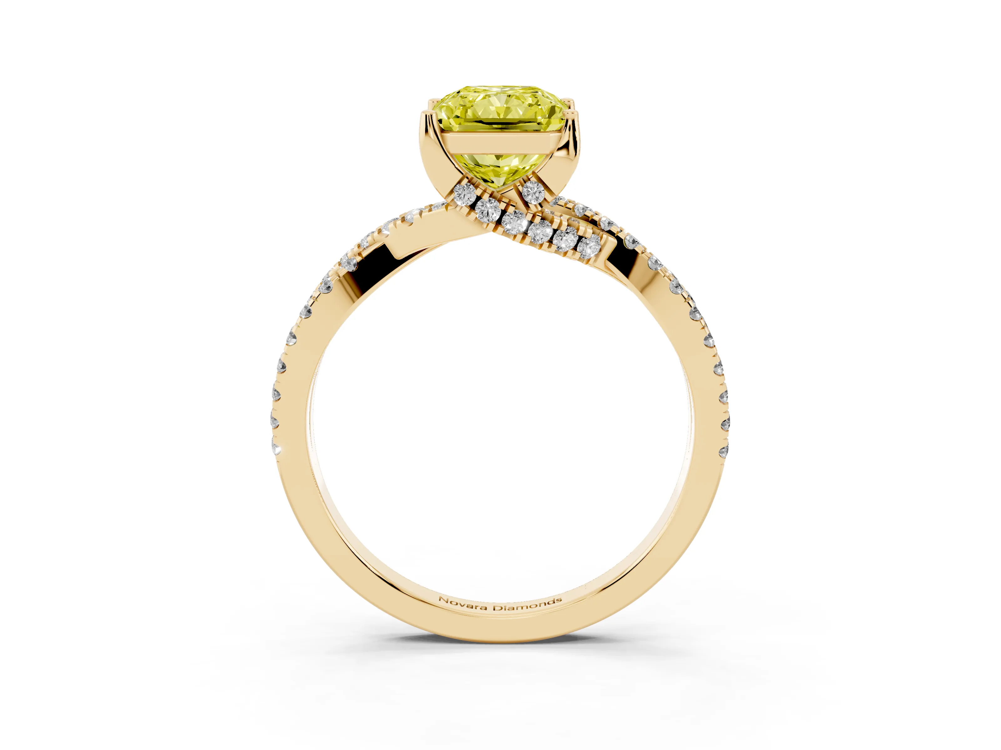 Fancy Yellow Radiant Cut Diamond Twist Pavé Solitaire Engagement Ring Set in Yellow gold with Prong Setting