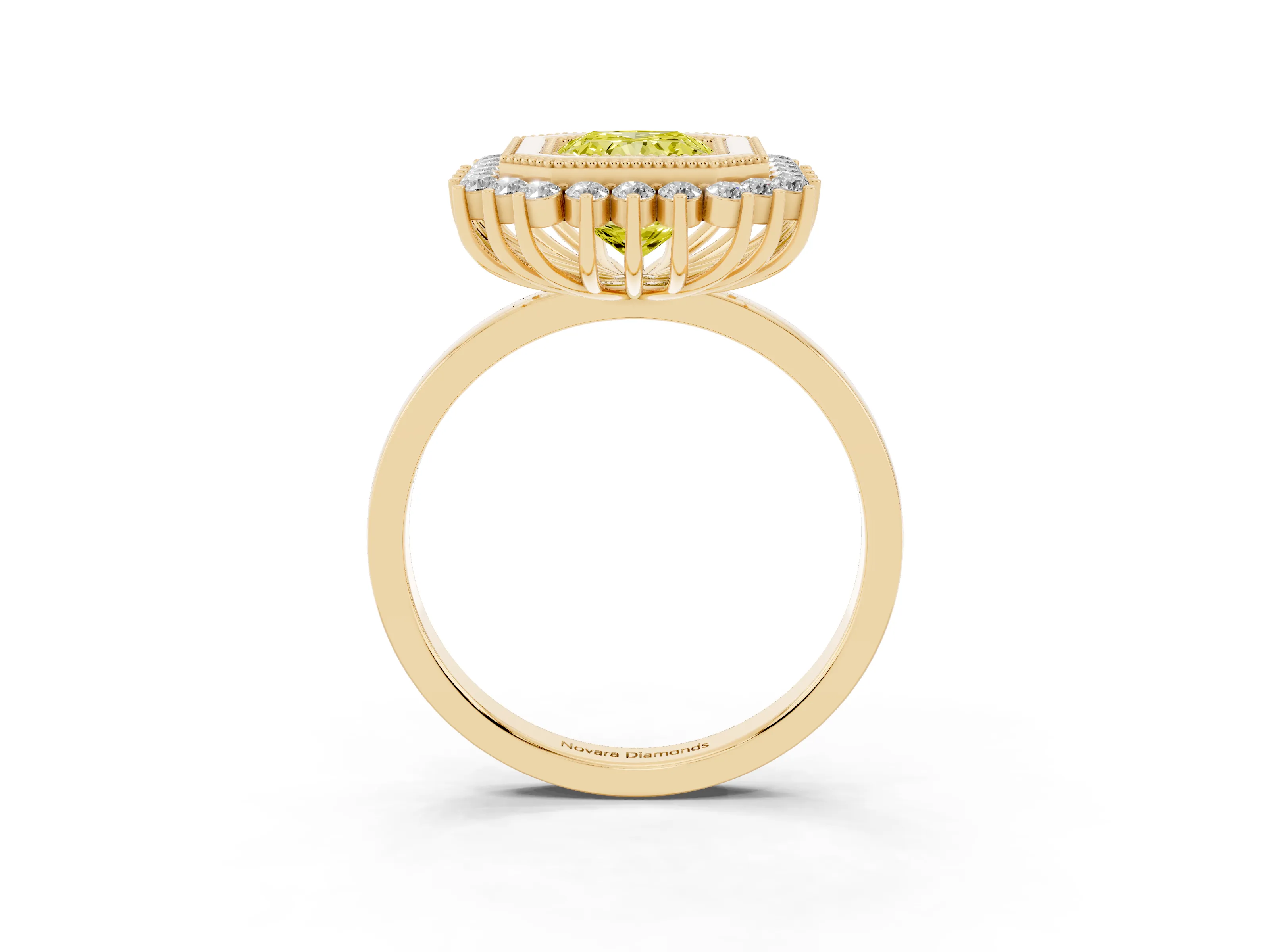 Fancy Yellow Radiant Cut Diamond Halo Ring Set in Yellow gold with Milgrain Edge and Round Prong Setting