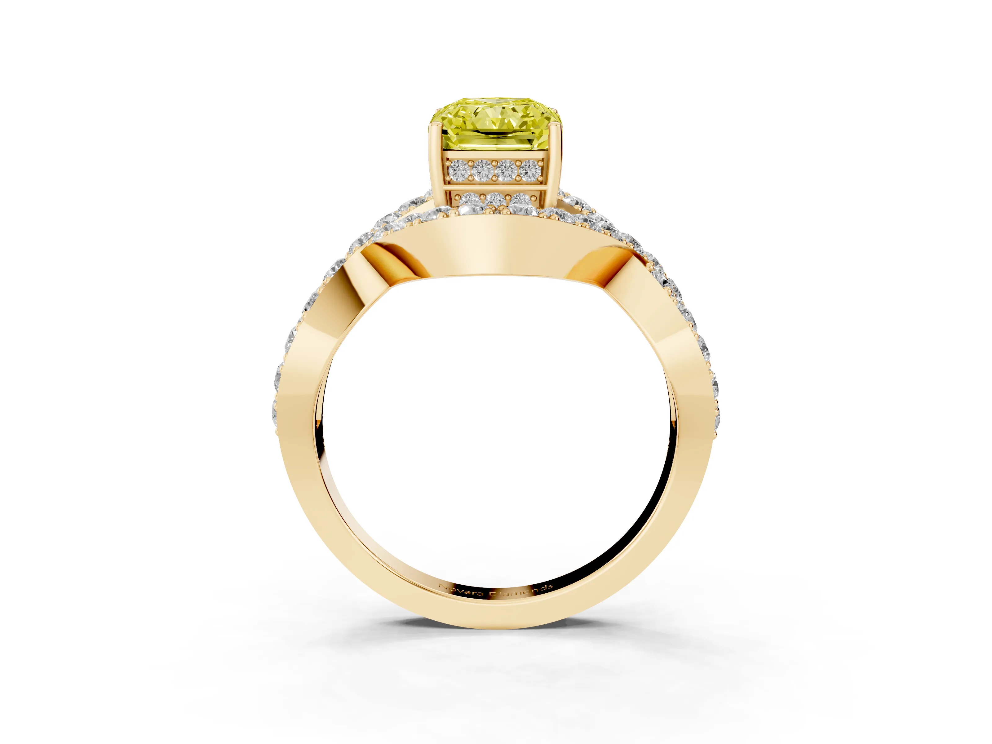 Fancy Yellow Radiant Cut Diamond Solitaire Twist Band Pavé Engagement Ring Set in Yellow gold
