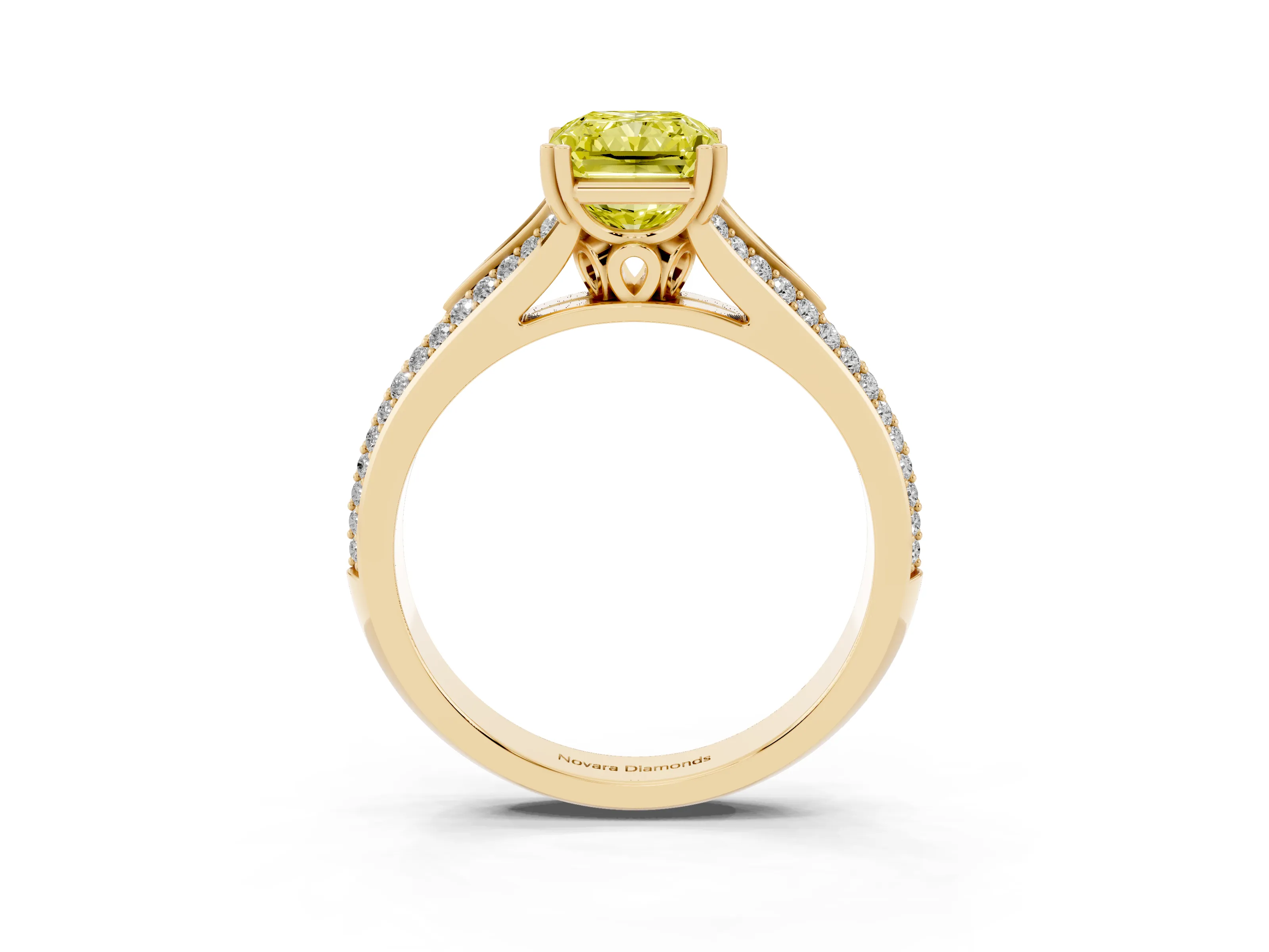 Fancy Yellow Radiant Cut Diamond Split Shank Pavé Engagement Ring Set in Yellow gold with Prong-Set Center Stone