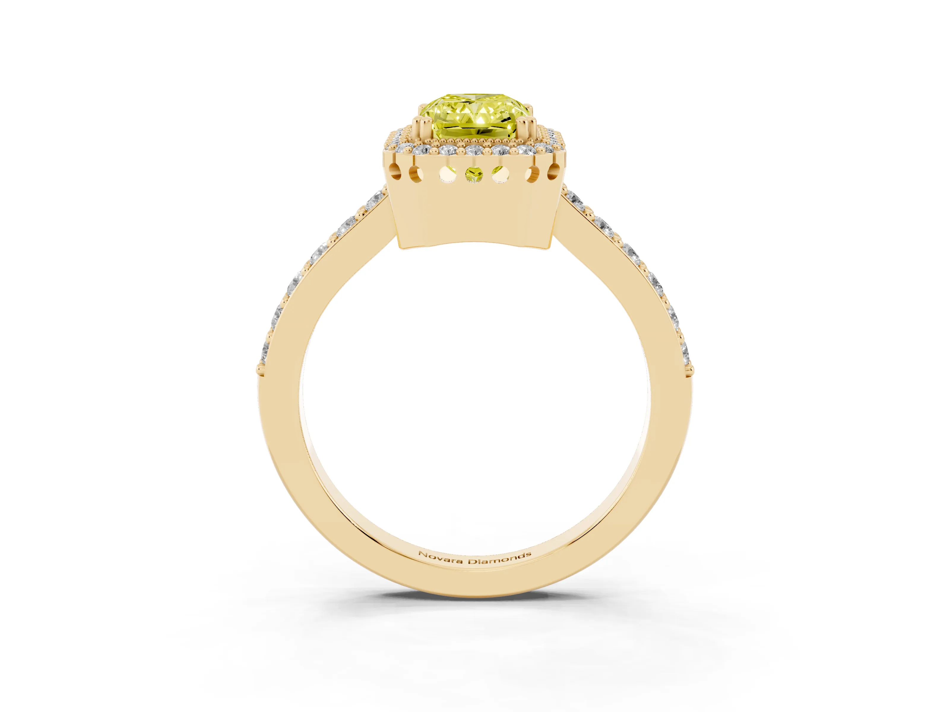 Fancy Yellow Radiant Cut Diamond Halo Engagement Ring Set in Yellow gold with Milgrain Detail and Pavé Band