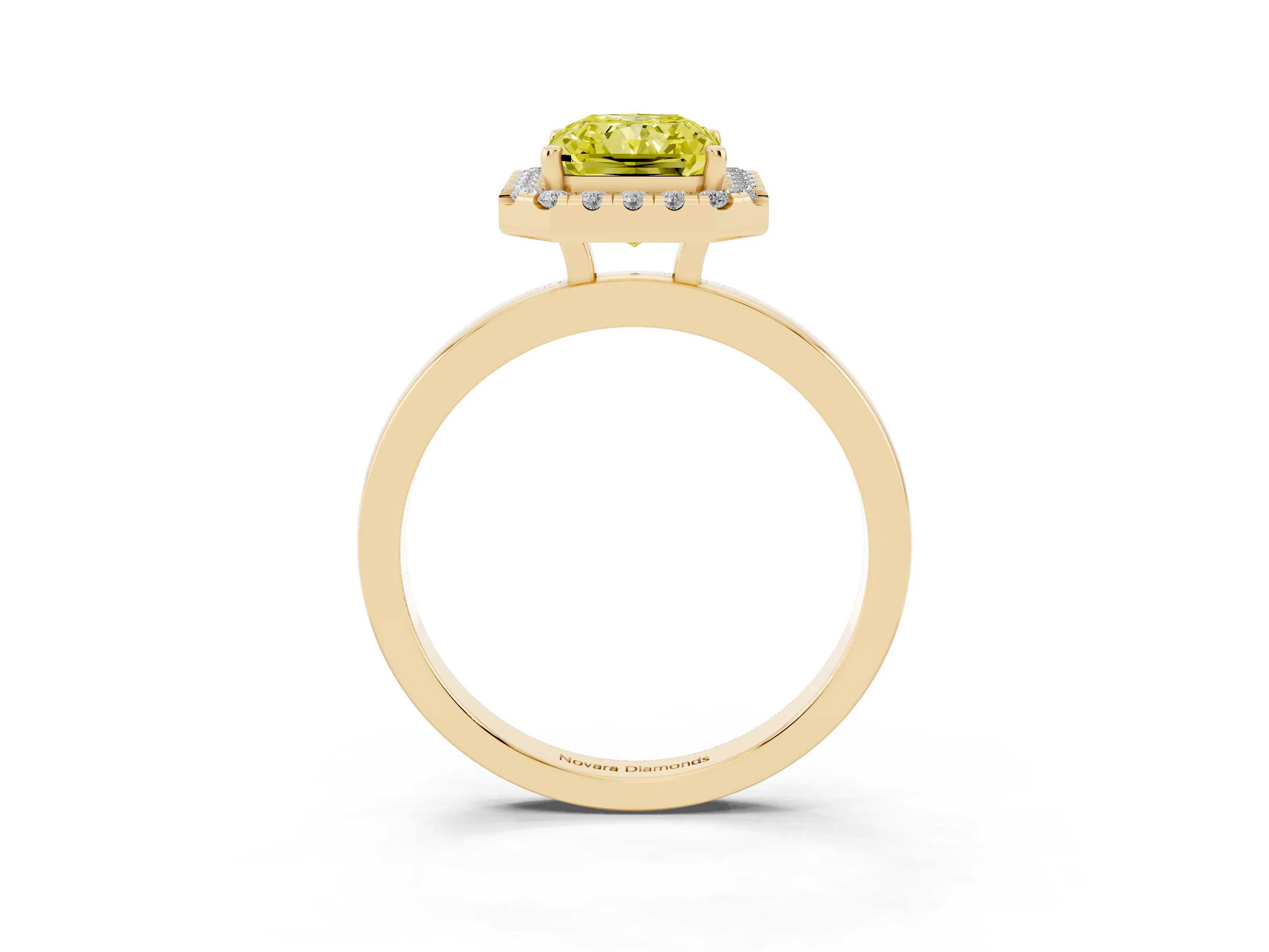 Fancy Yellow Radiant Cut Diamond Halo Solitaire Ring Set in Yellow gold with Pavé Band and Prong Setting