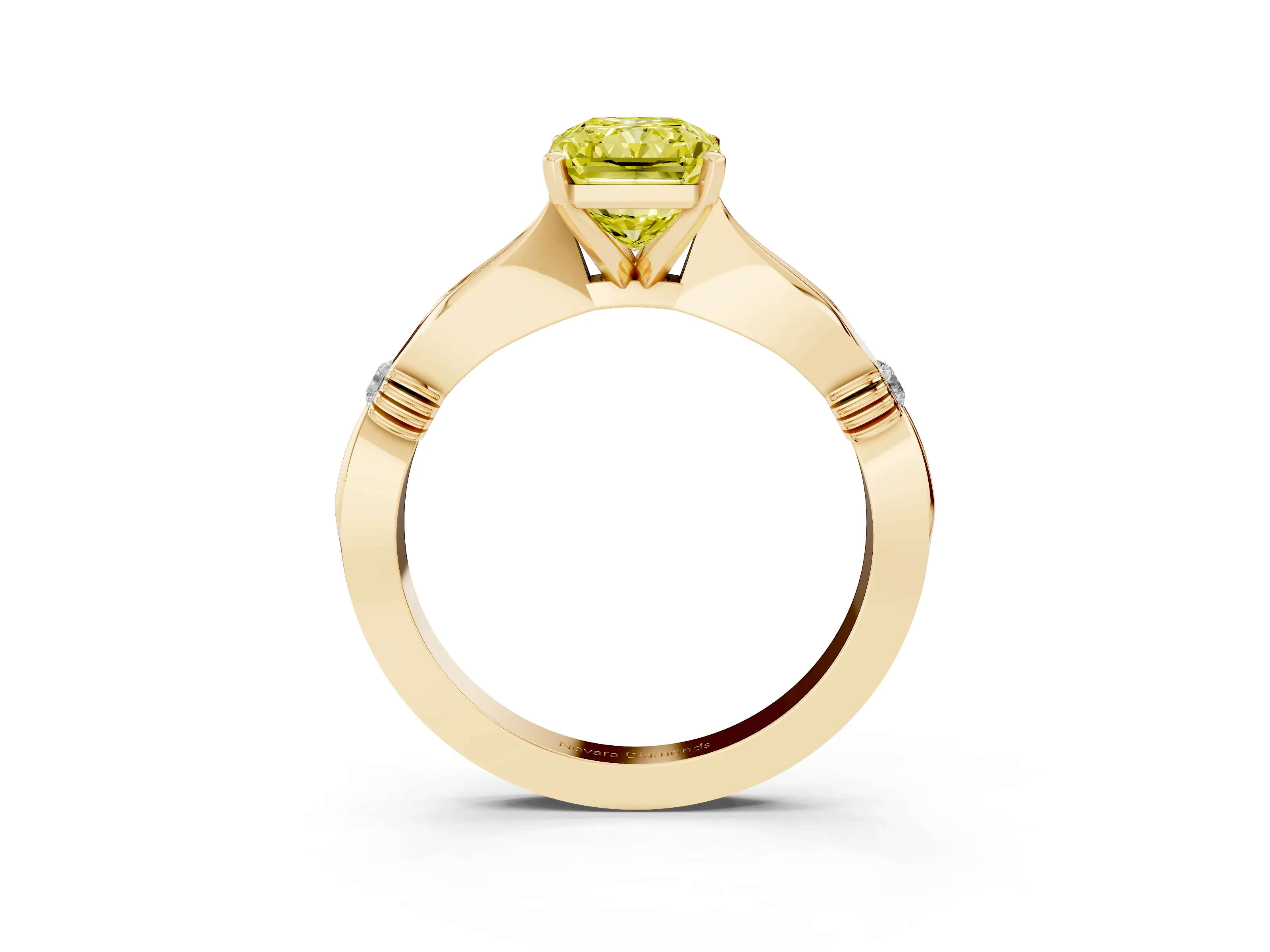 Fancy Yellow Radiant Cut Diamond Solitaire Twisted Band Ring Set in Yellow gold with Accent Stones and Prong Setting