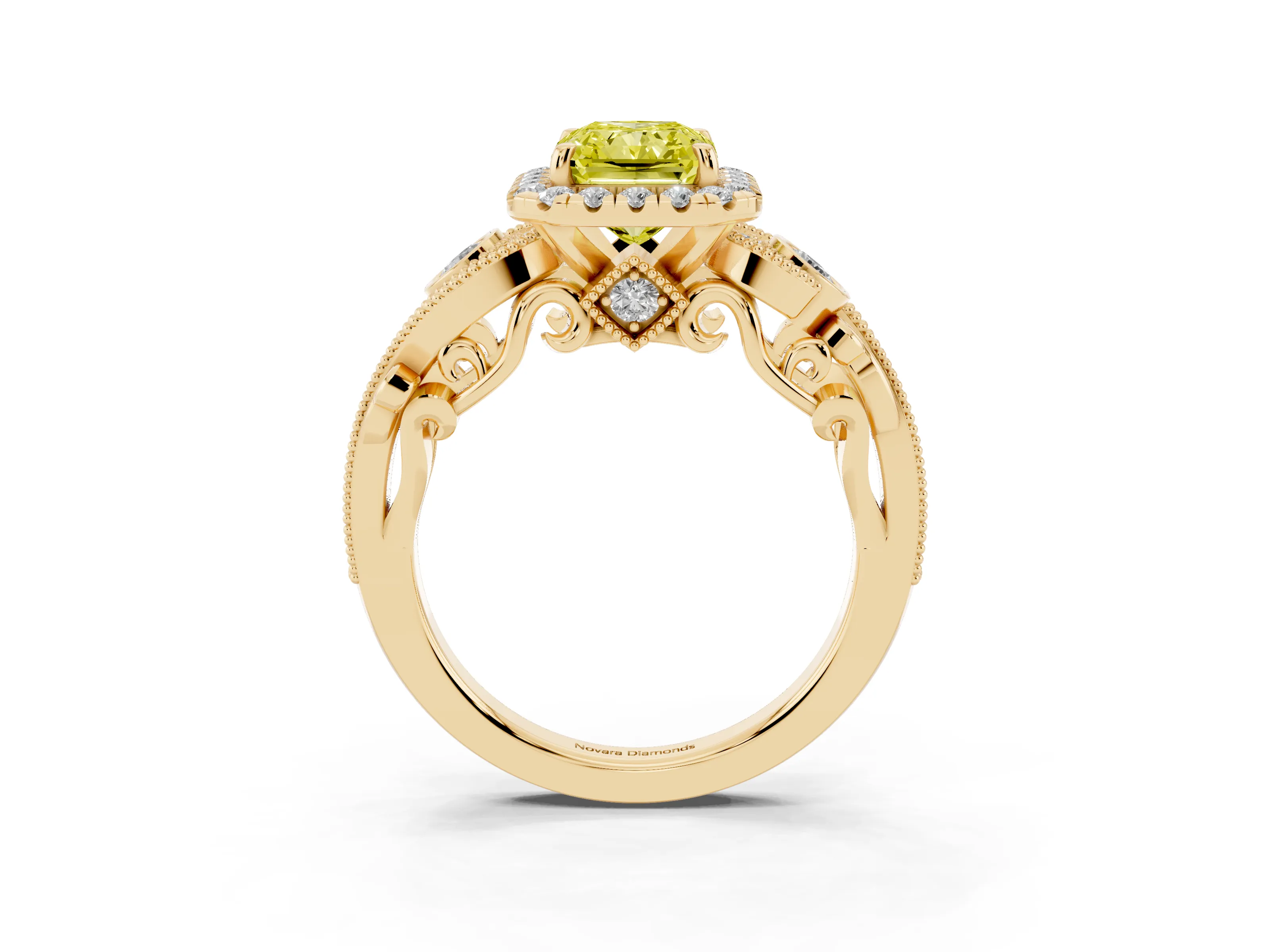 Fancy Yellow Radiant Cut Diamond Halo Ring Set in Yellow gold with Milgrain Pavé Band and Prong Setting