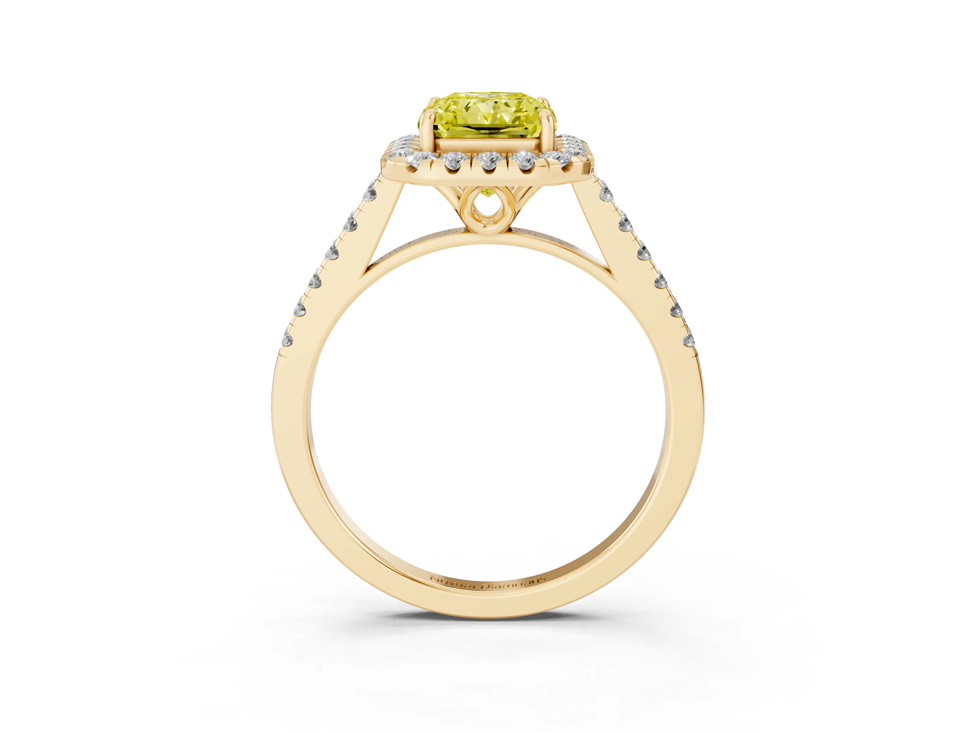 Fancy Yellow Radiant Cut Diamond Pavé Halo Engagement Ring Set in Yellow gold with Pavé Band and Prong Setting
