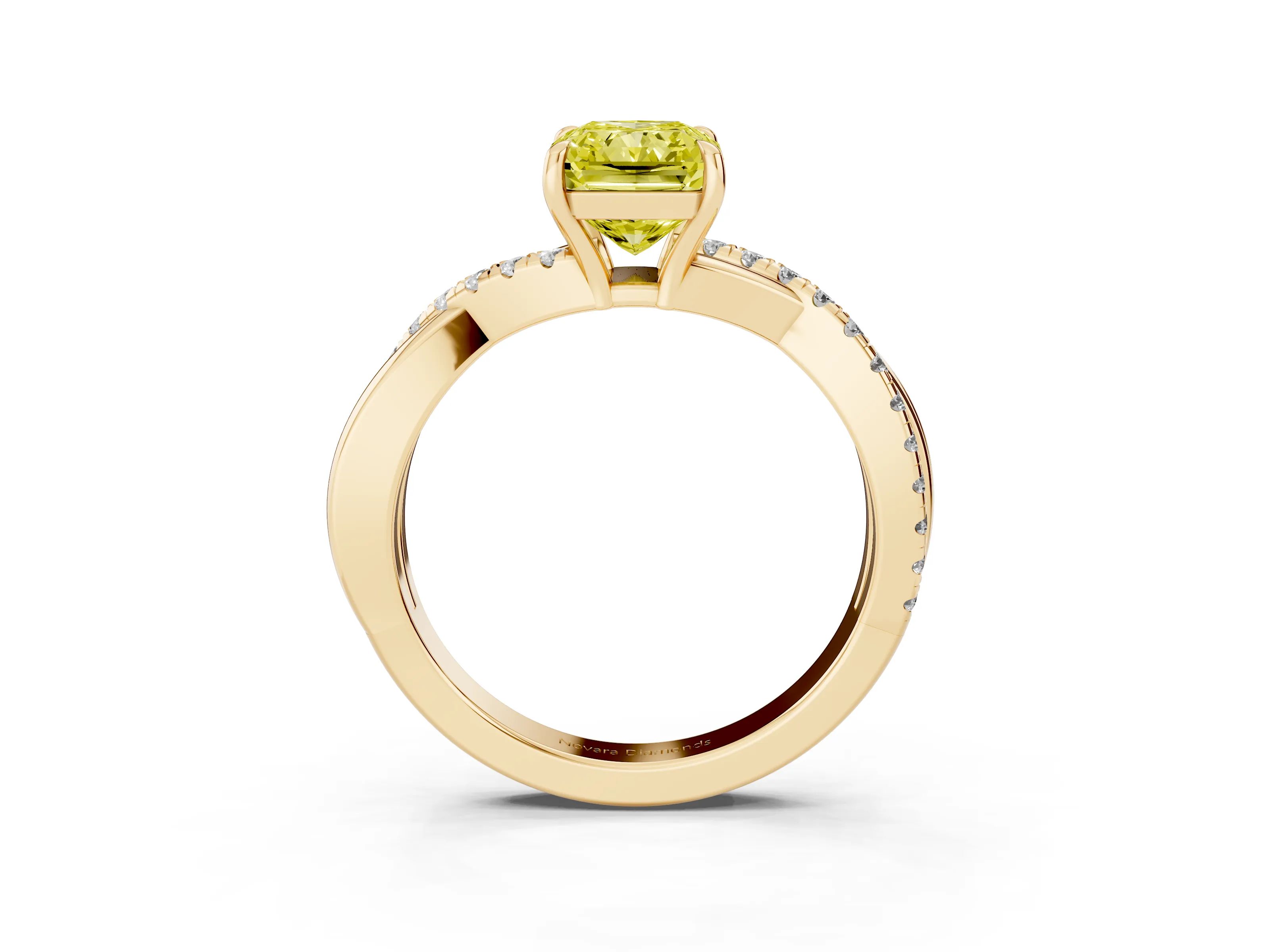 Fancy Yellow Radiant Cut Diamond Twisted Pavé Band Ring Set in Yellow gold with Prong Setting