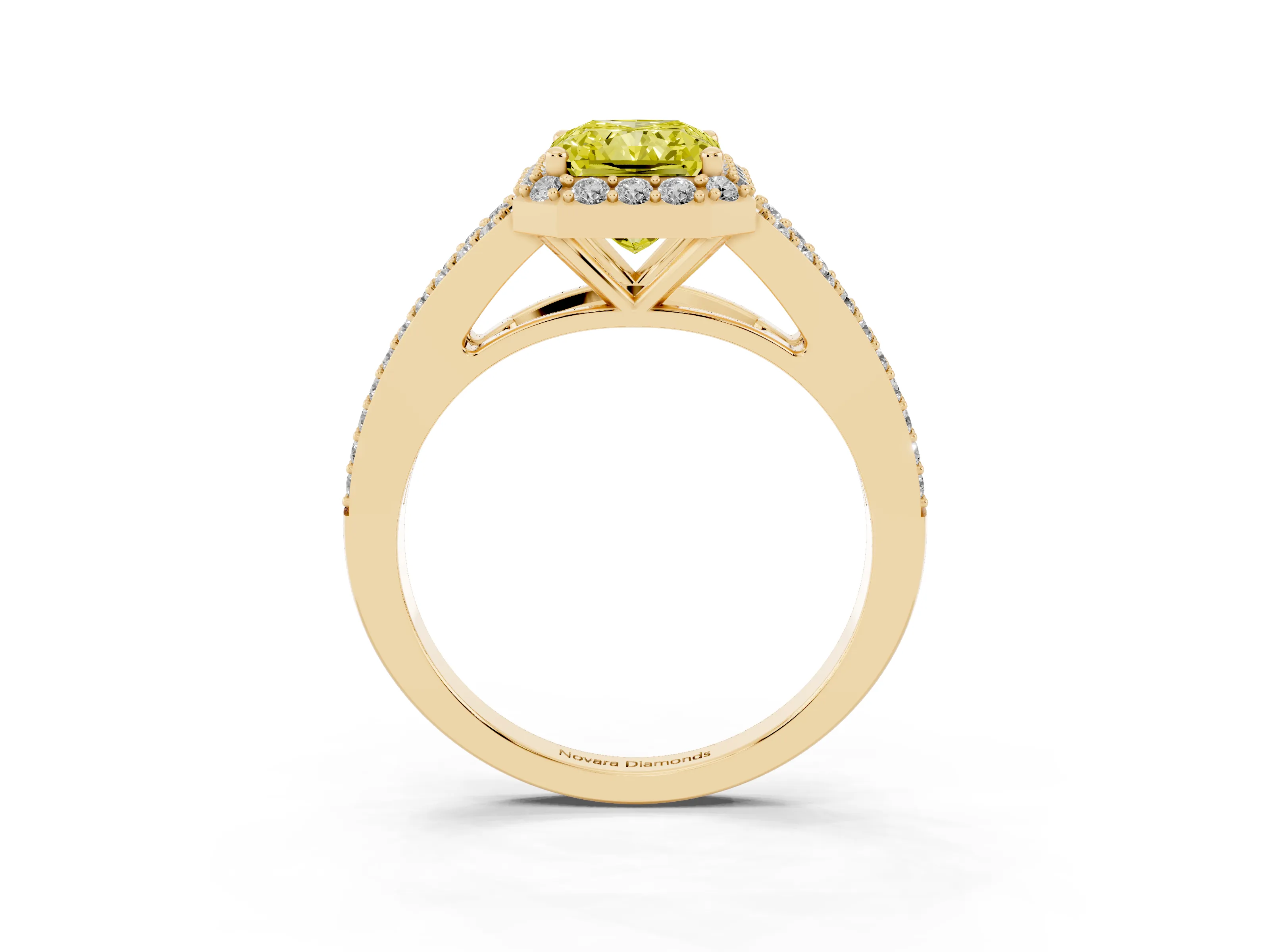 Fancy Yellow Radiant Cut Diamond Halo Split Shank Pavé Ring Set in Yellow gold with Prong Setting
