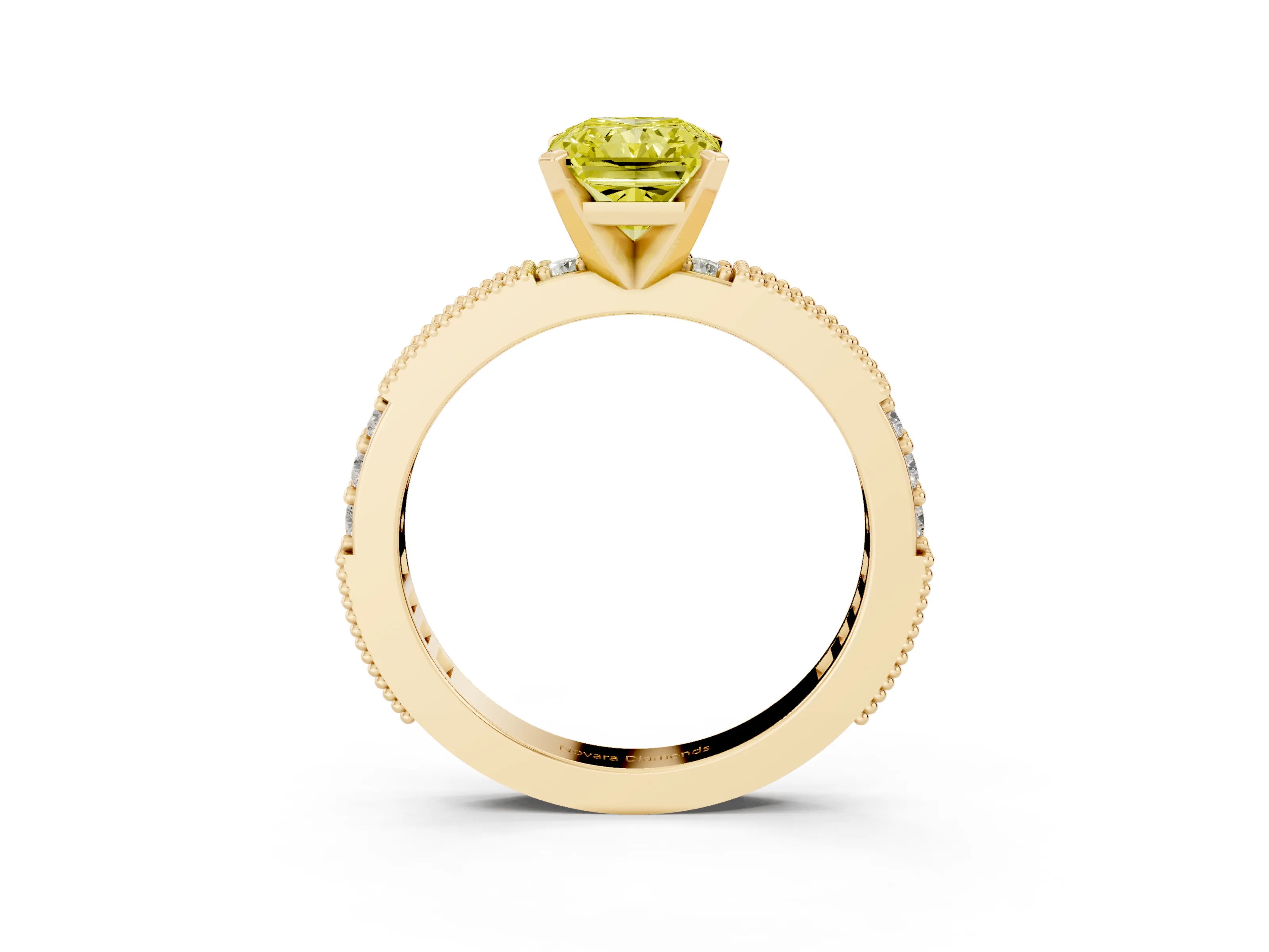 Fancy Yellow Radiant Cut Diamond Solitaire Ring Set in Yellow gold with Slim Pavé Band and Prong Setting