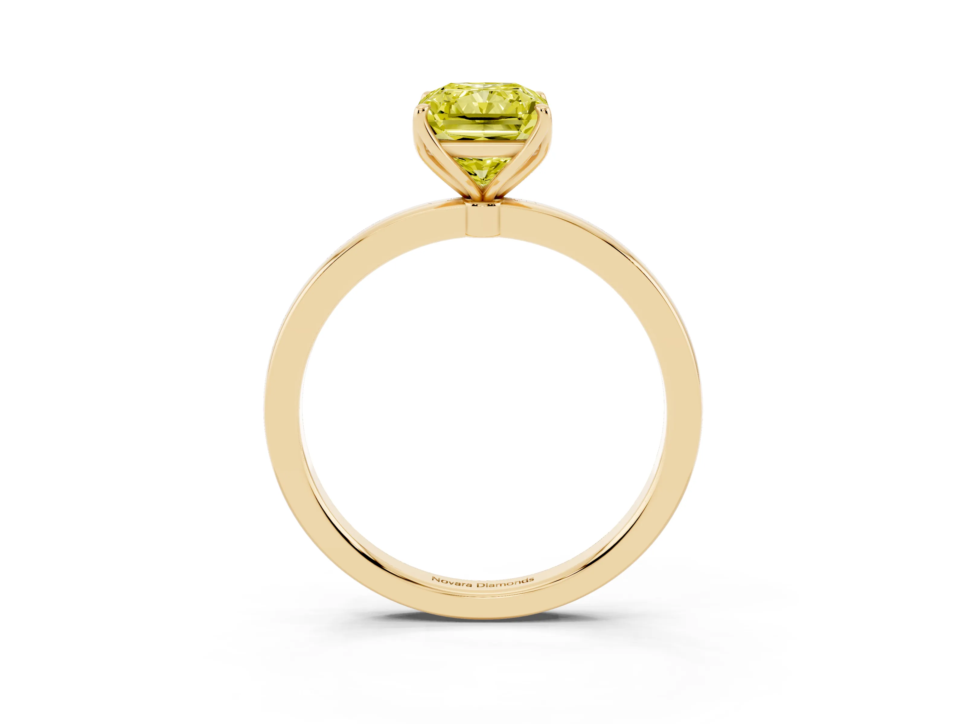 Fancy Yellow Radiant Cut Diamond Solitaire Ring Set in Yellow gold with Prong Setting and Thin Polished Band