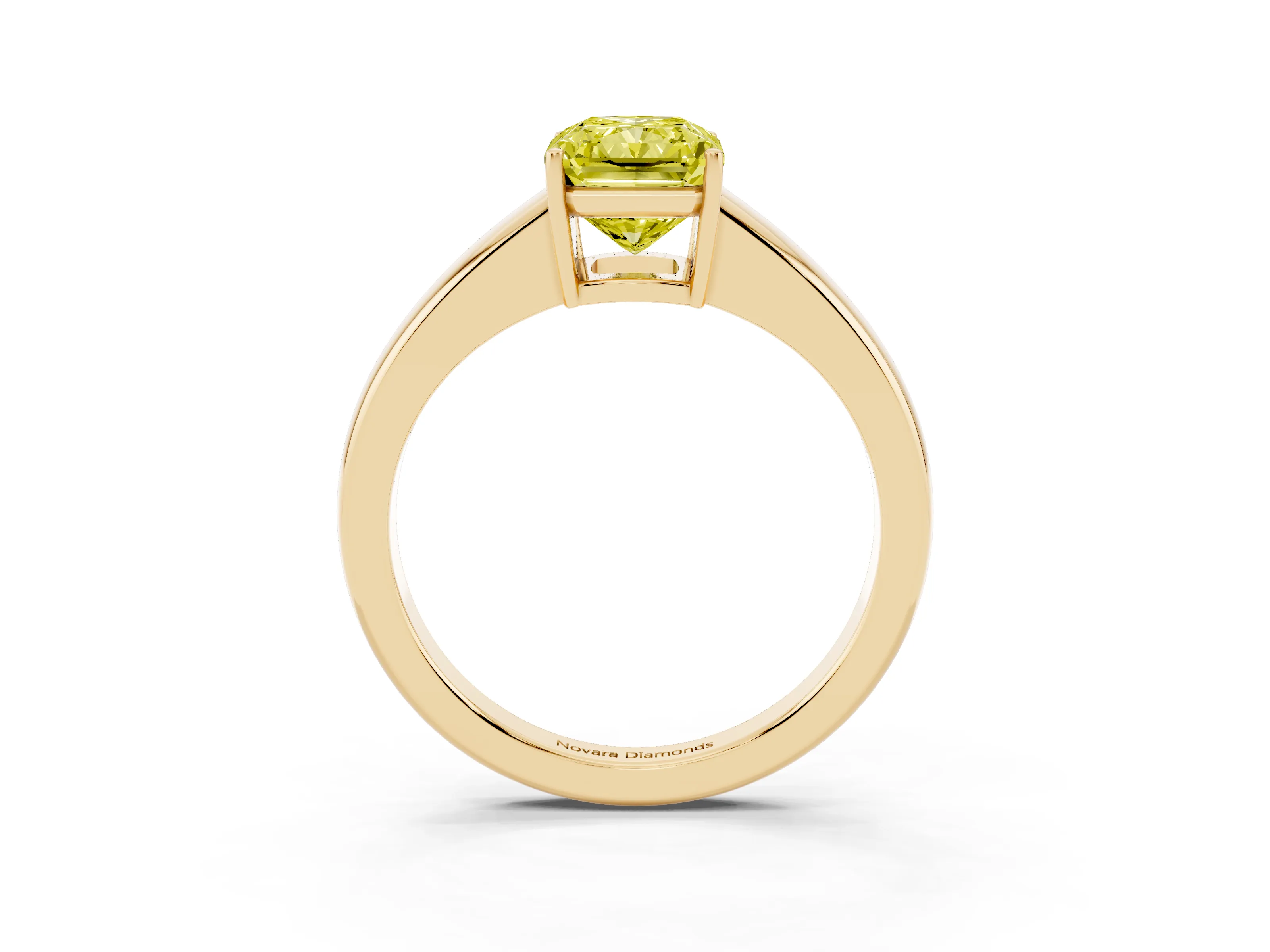 Fancy Yellow Radiant Cut Diamond Solitaire Ring Set in Yellow gold with Tapered Band and Prong Setting