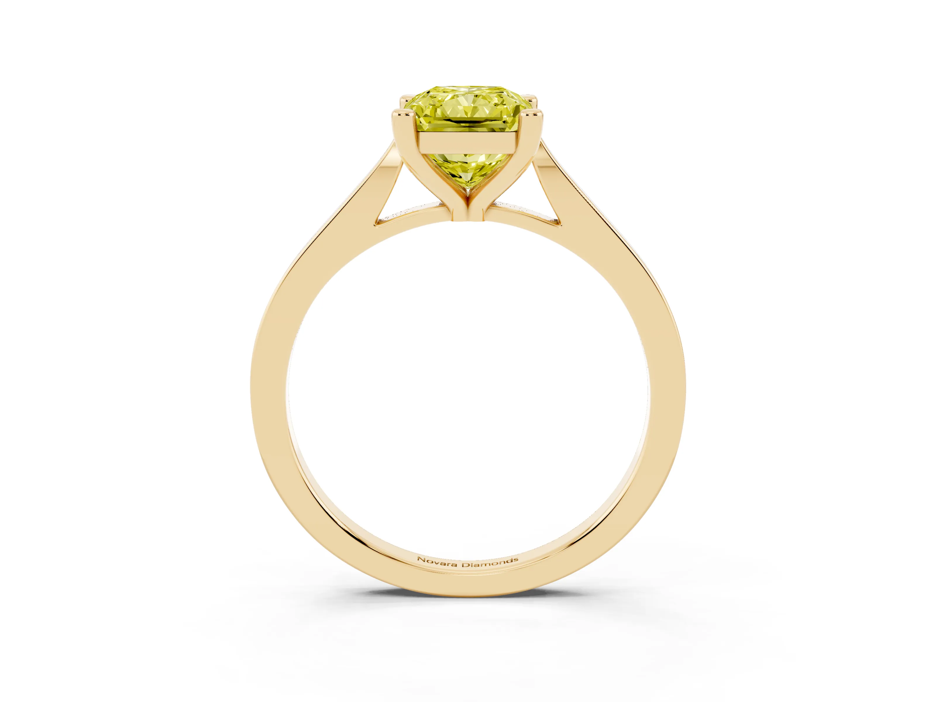Fancy Yellow Radiant Cut Diamond Solitaire Ring Set in Yellow gold with Prong Setting and Tapered Band