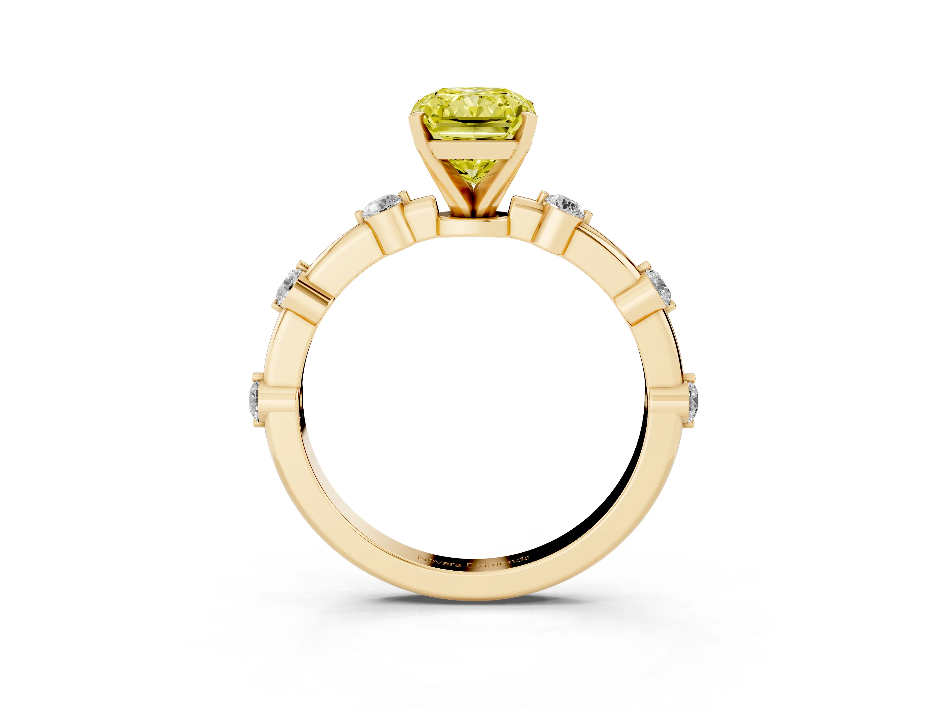 Fancy Yellow Radiant Cut Diamond Solitaire Ring Set in Yellow gold with Bezel Set Side Stones and Prong Setting