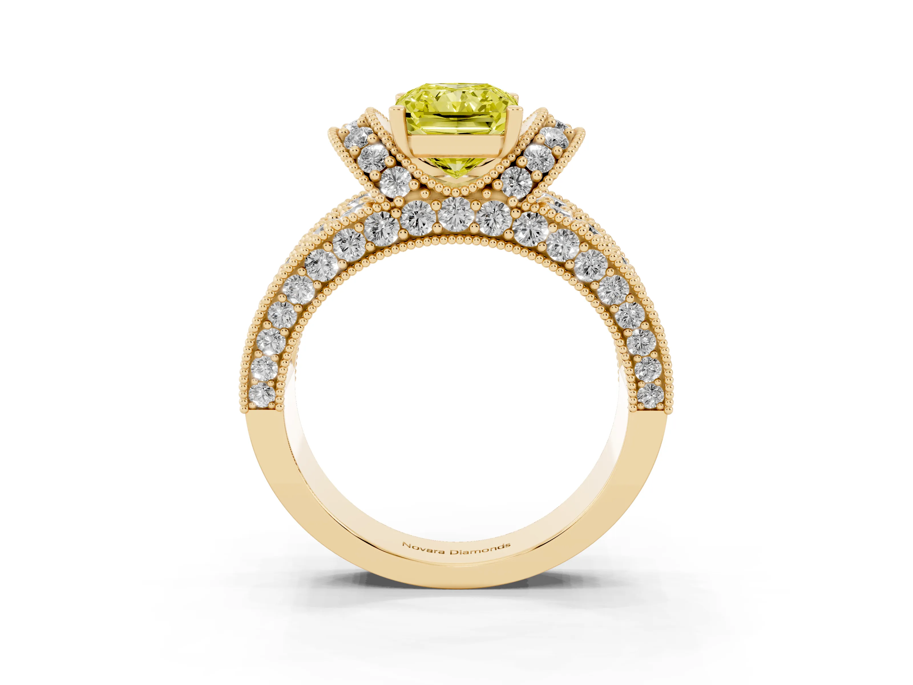Fancy Yellow Radiant Cut Diamond Milgrain Halo Pavé Engagement Ring Set in Yellow gold with Prong Setting